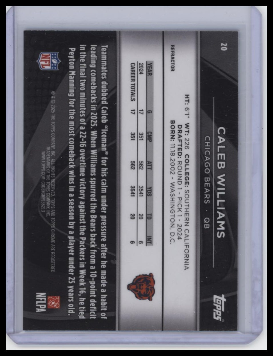 2025 Topps Chrome Black #20 Caleb Williams Refractor /299