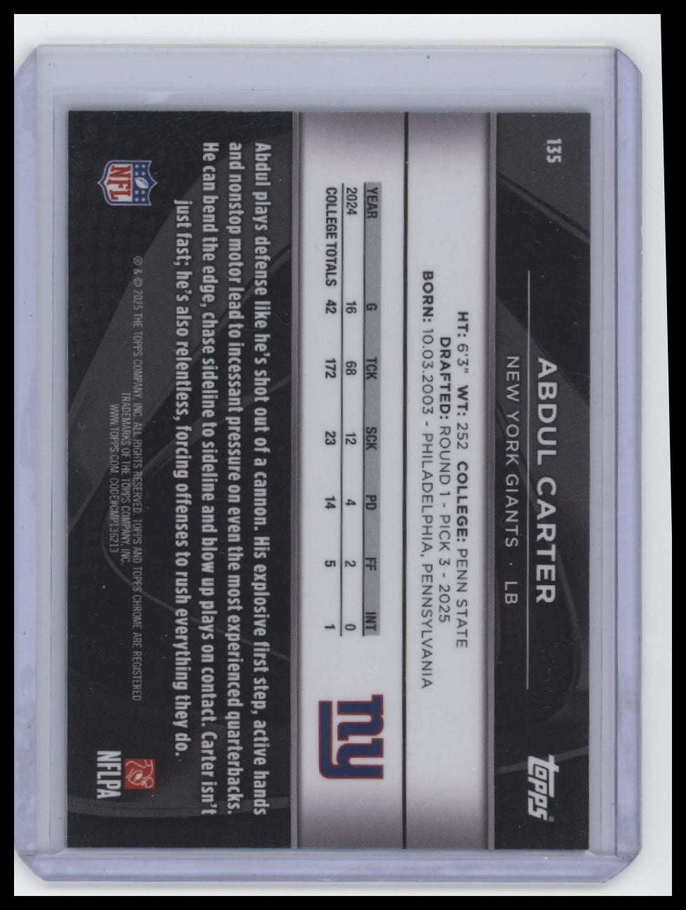 2025 Topps Chrome Black #135 Abdul Carter Blue Refractor #/150