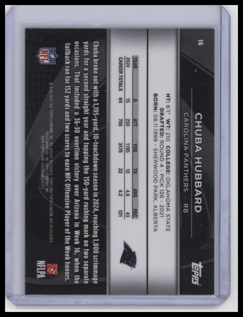2025 Topps Chrome Black #16 Chuba Hubbard Green Refractor #/99