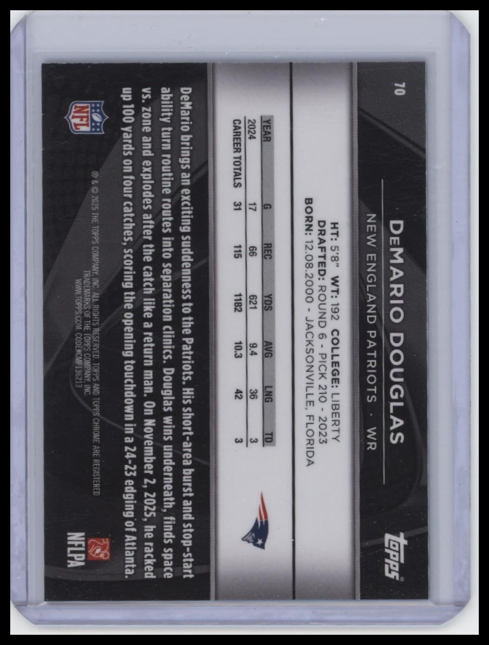 2025 Topps Chrome Black #70 DeMario Douglas Blue Refractor #/150