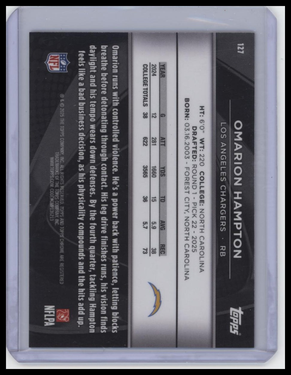 2025 Topps Chrome Black #127 Omarion Hampton Orange Refractor #/25