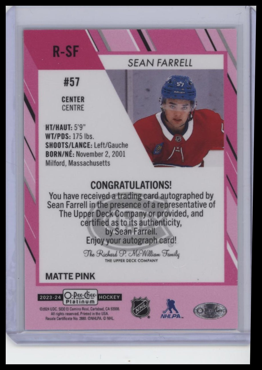 2023-24 O-Pee-Chee Platinum #R-SF Sean Farrell Rookie Autographs Matte Pink