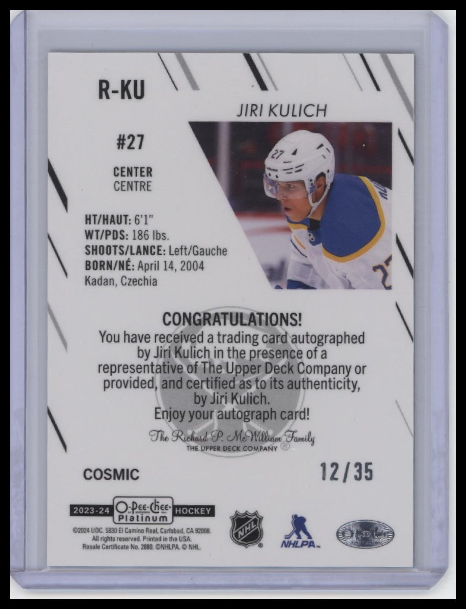 2023-24 O-Pee-Chee Platinum Rookie Autographs #R-KU Jiri Kulich Cosmic /35