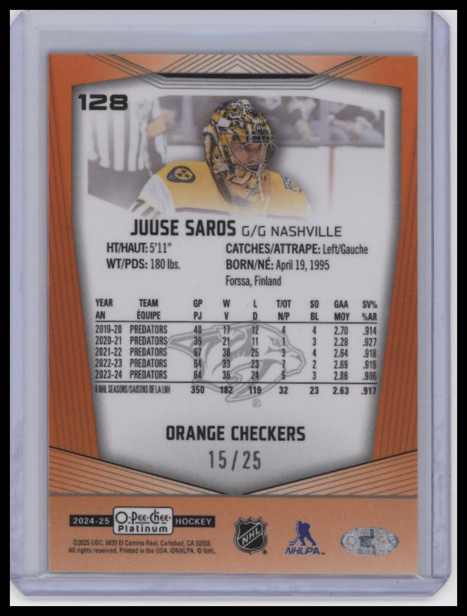 2024-25 O-Pee-Chee Platinum #128 Juuse Saros Orange Checkers /25