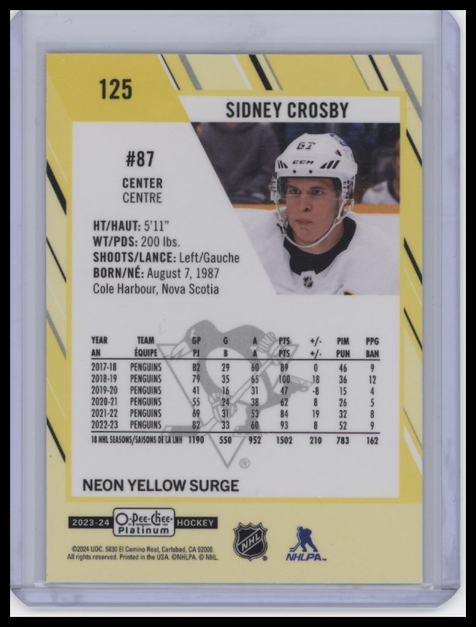 2023-24 O-Pee-Chee Platinum #125 Sidney Crosby Neon Yellow Surge