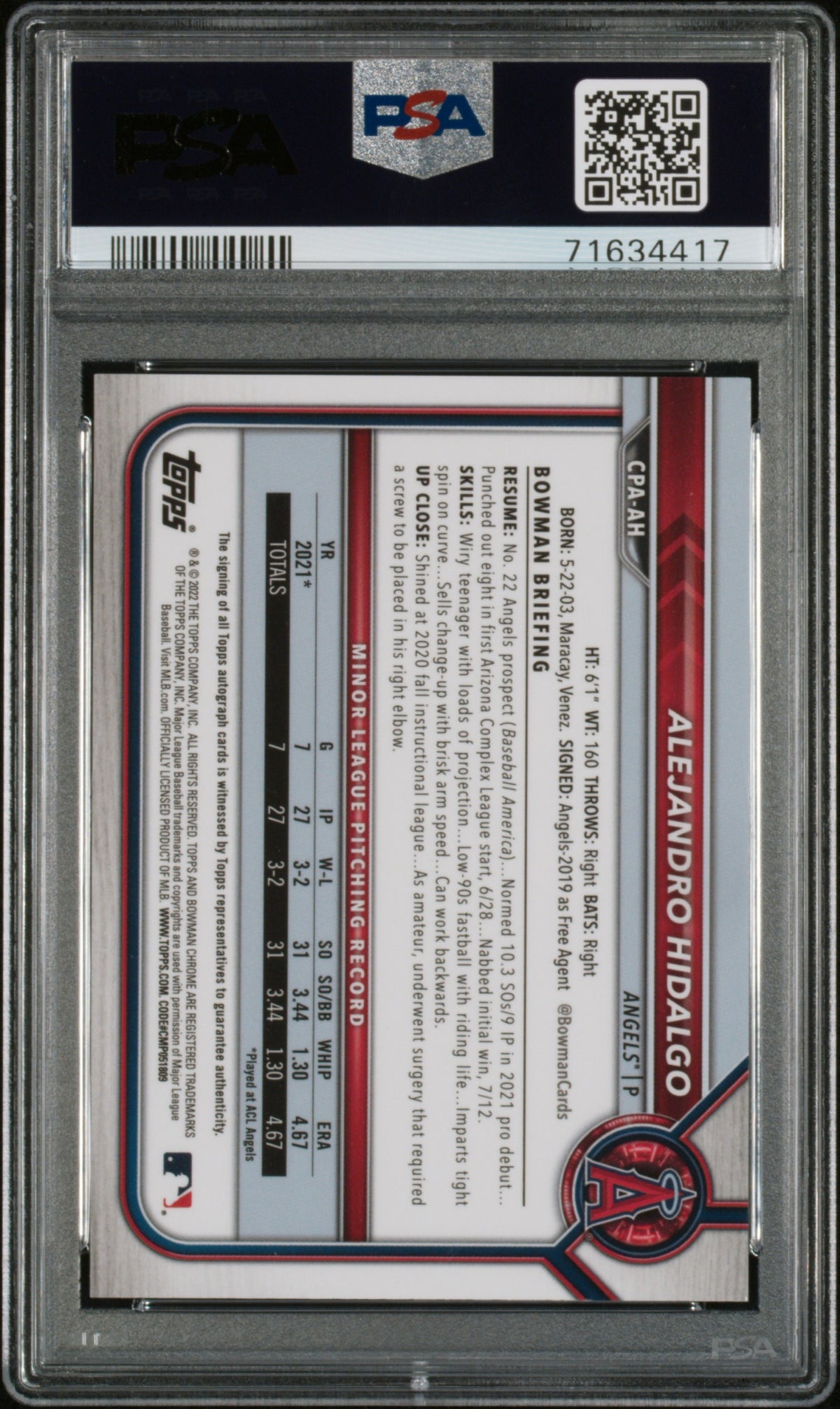 2022 Bowman #CPA-AH Alejandro Hidalgo Chrome Prospects Auto /100