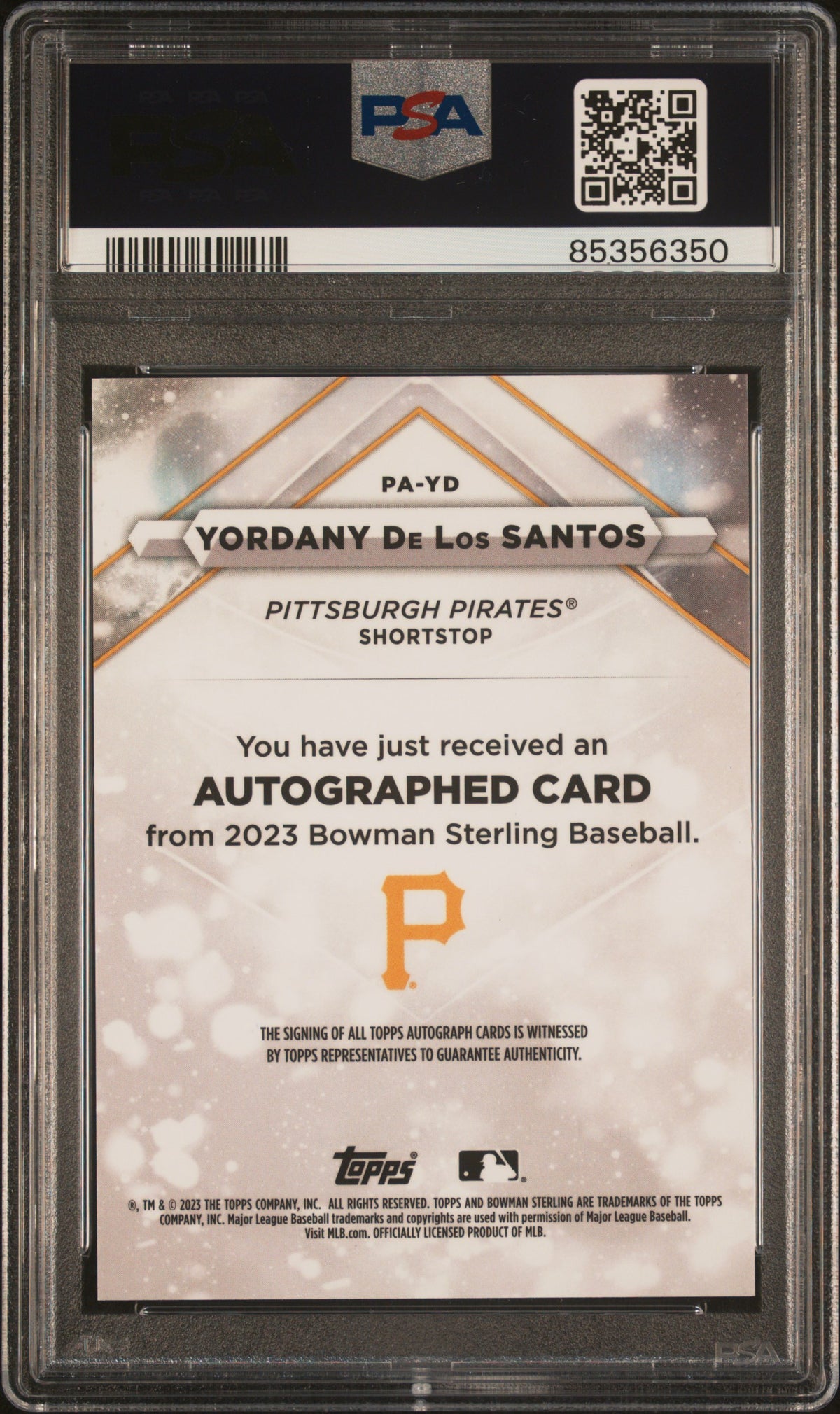 2023 Bowman Sterling #PA-YD Yordany De Los Santos Prospect Auto /125 (AU, RC).