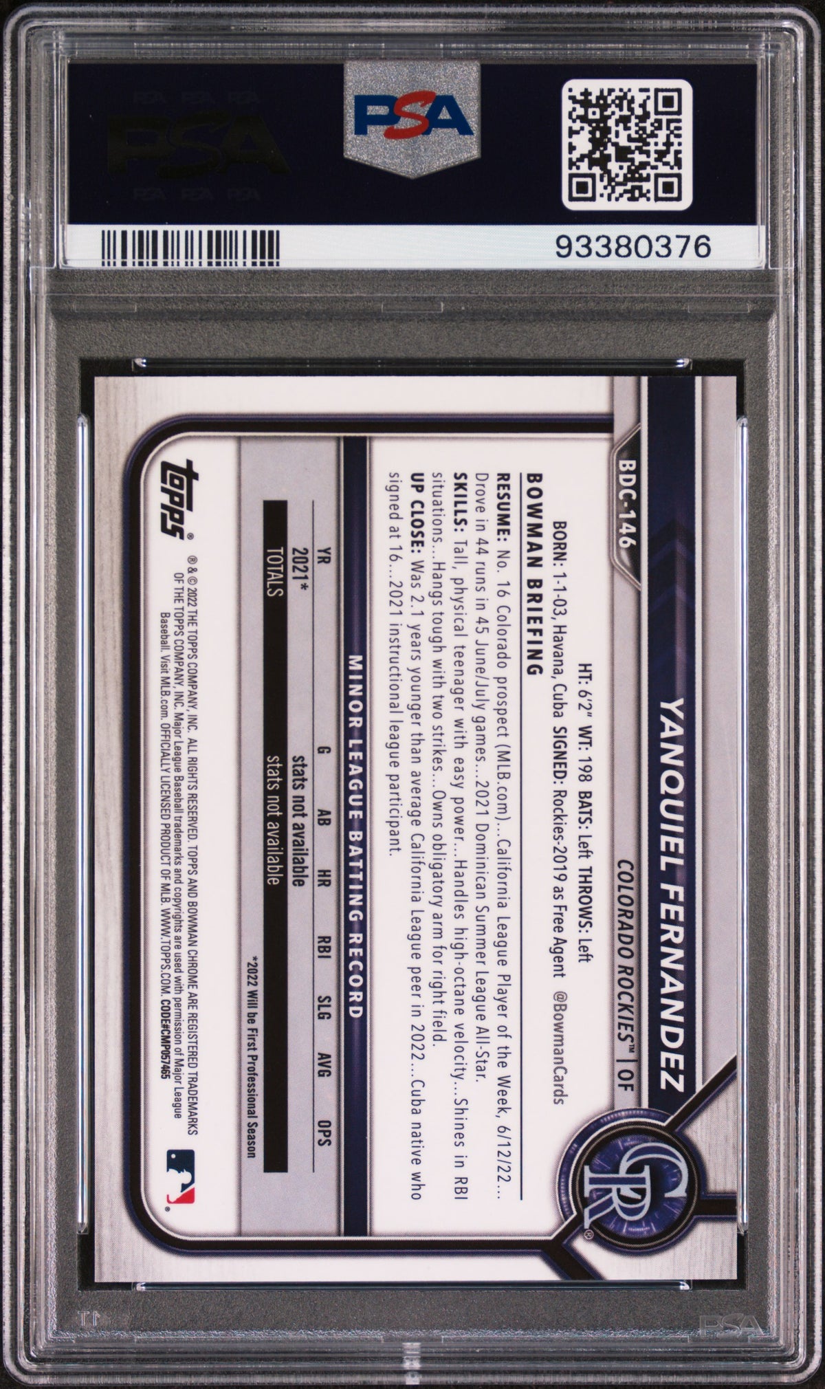 2022 Bowman Draft #BDC-146 Yanquiel Fernandez Chrome Orange Refractor /25