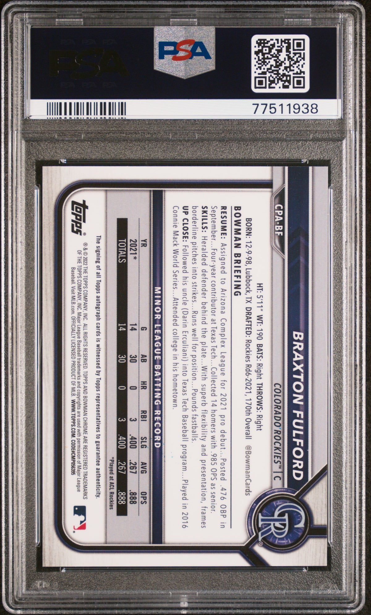 2022 Bowman Chrome #CPA-BF Braxton Fulford Autographs Atomic Refractor /100
