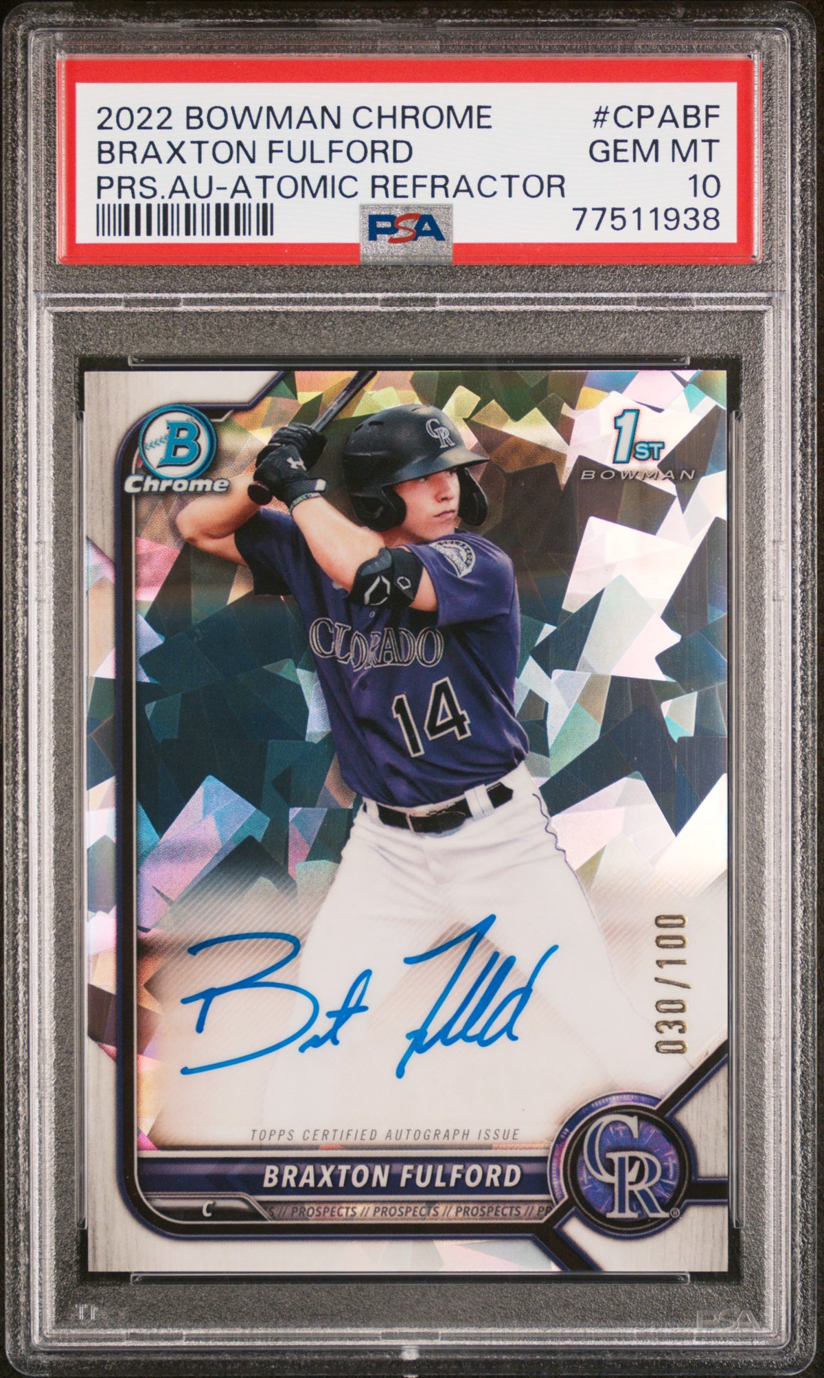 2022 Bowman Chrome #CPA-BF Braxton Fulford Autographs Atomic Refractor /100