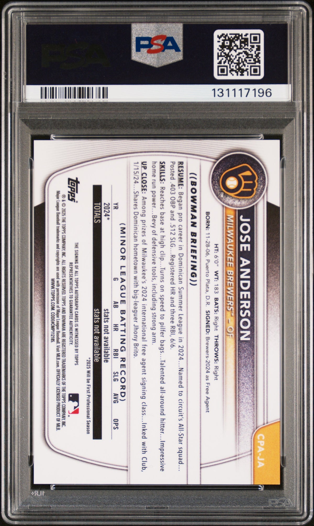 2025 Bowman Chrome #CPA-JA Jose Anderson Prospect Auto Green Lava/99