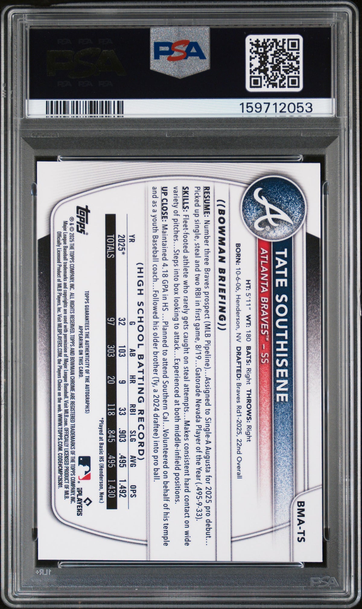2025 Bowman Draft #BMA-TS Tate Southisene Chrome Autographs Orange Mojo /25