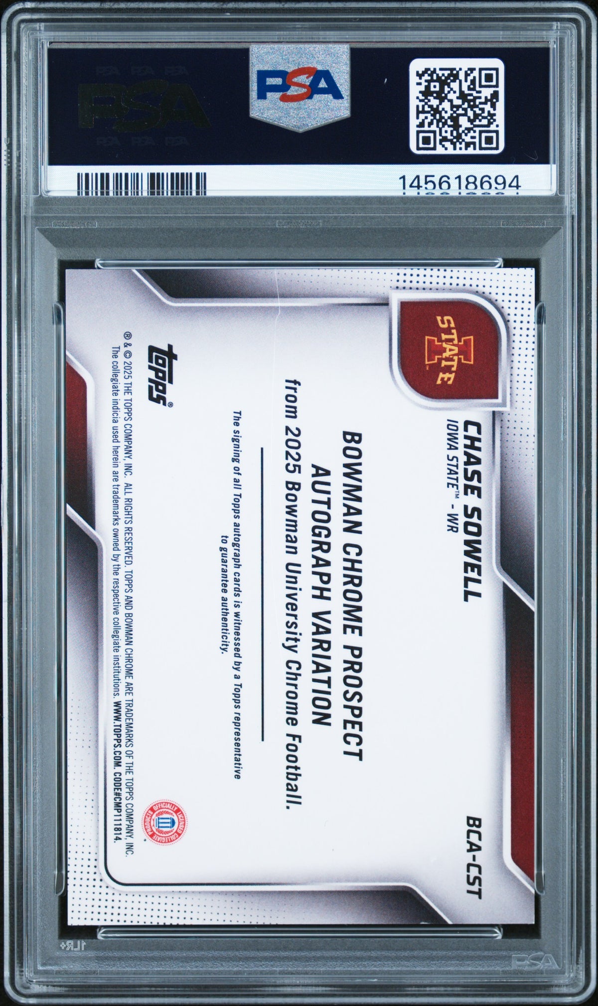 2025 Bowman University Chrome #BCA-CST Chase Sowell Prospect AutoPurple /75.