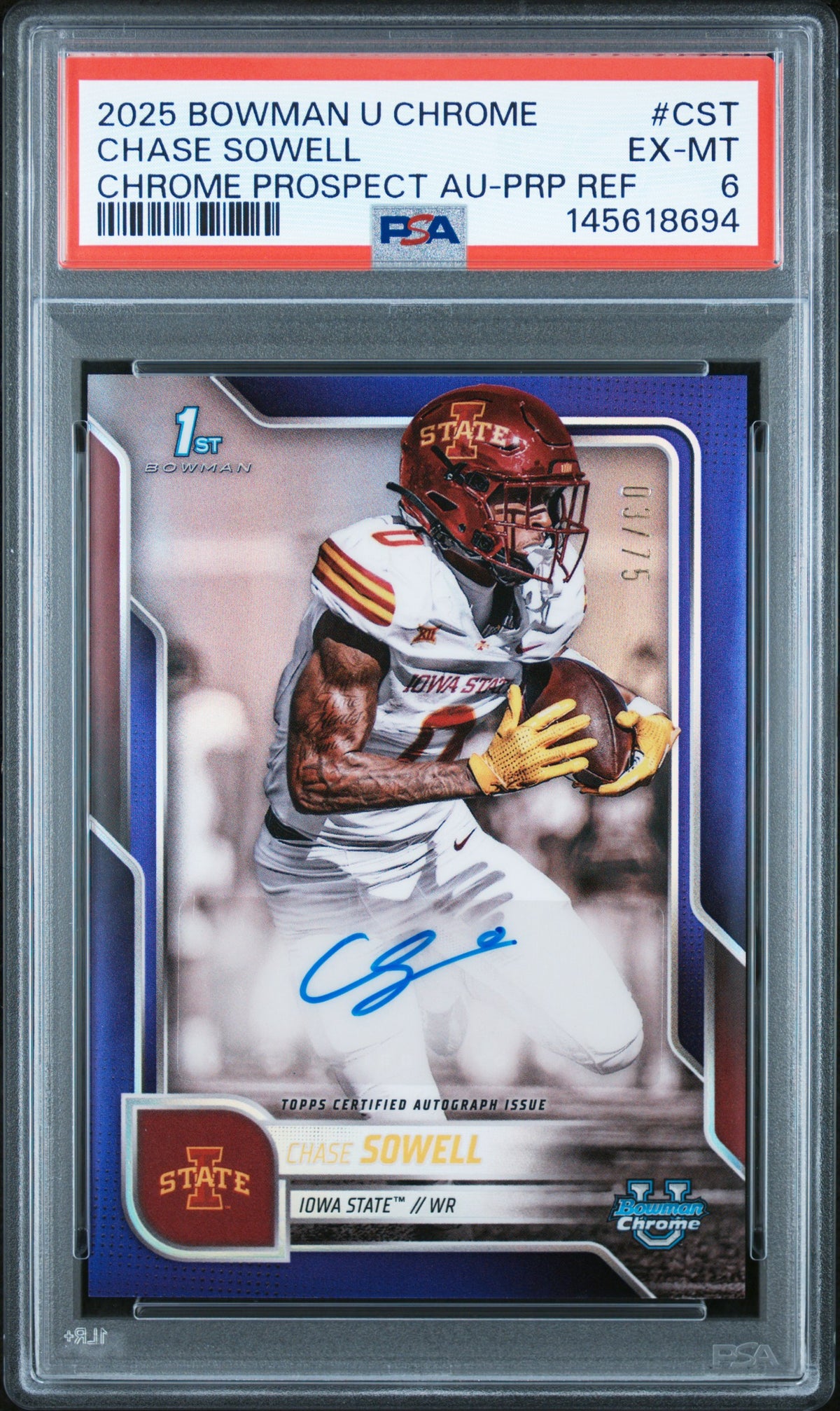 2025 Bowman University Chrome #BCA-CST Chase Sowell Prospect AutoPurple /75.