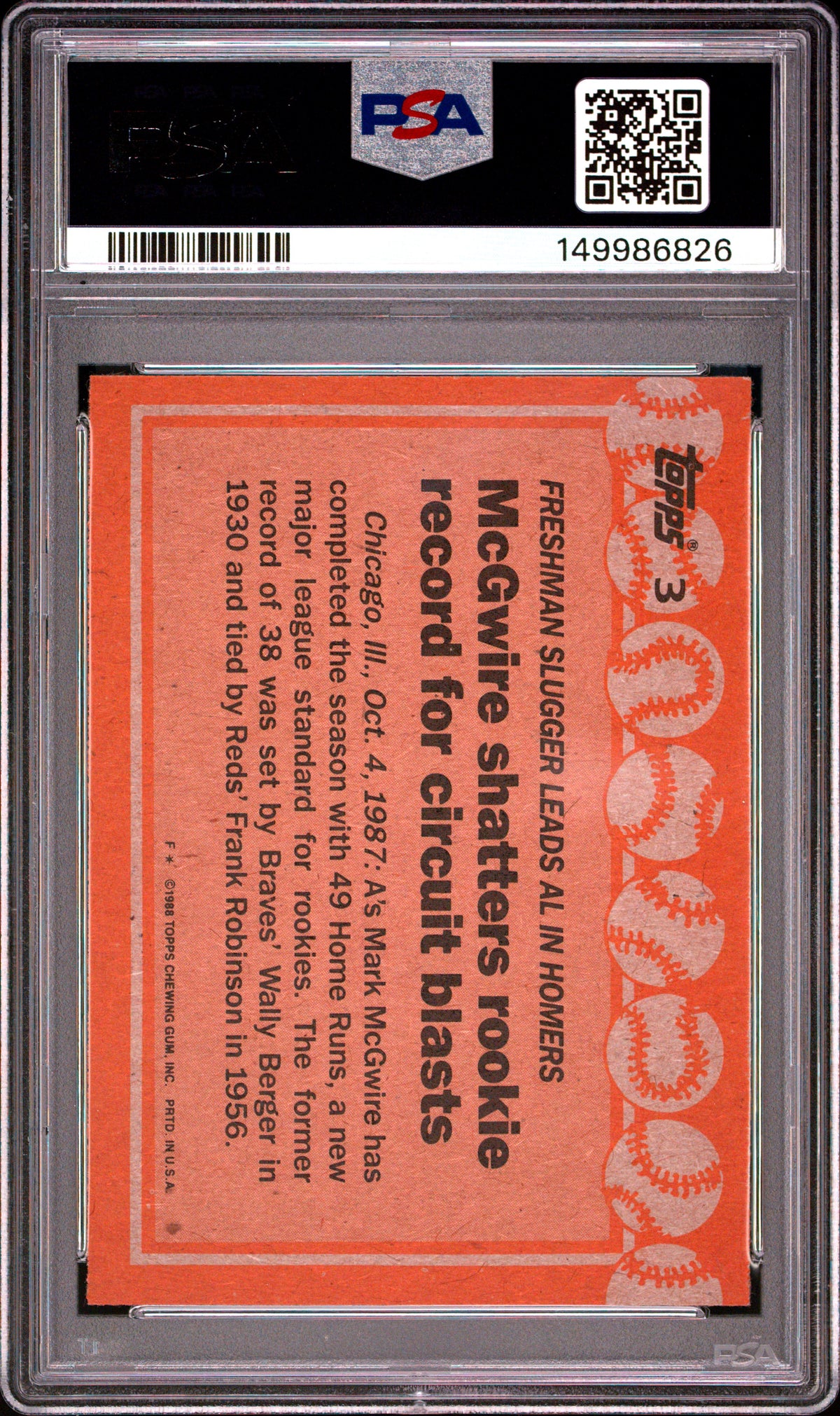 1988 Topps #3 Mark Mcgwire White Triangle By Lf.Foot PSA 9