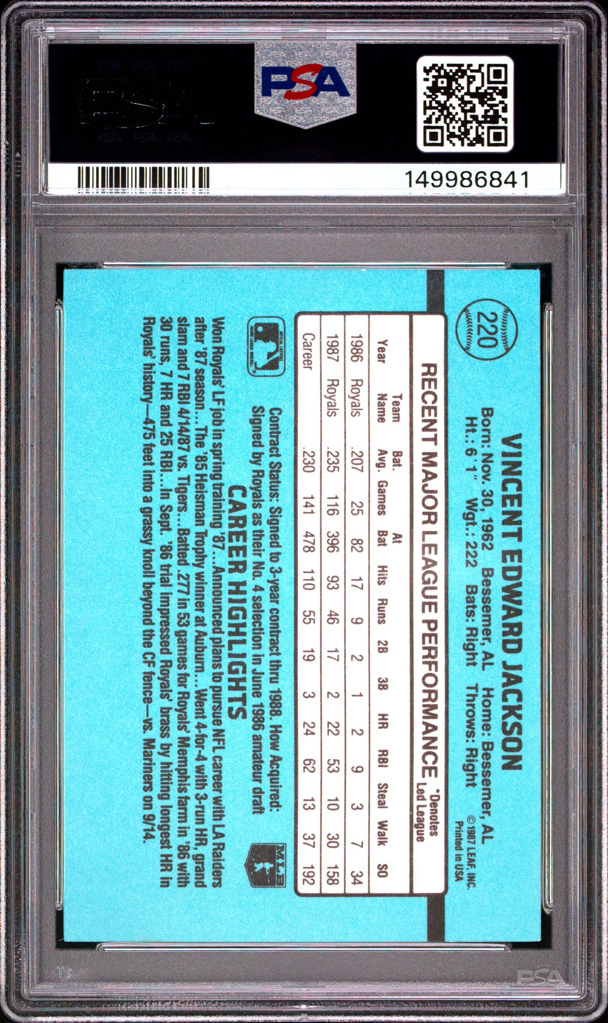 1988 Donruss #220 Bo Jackson PSA 9