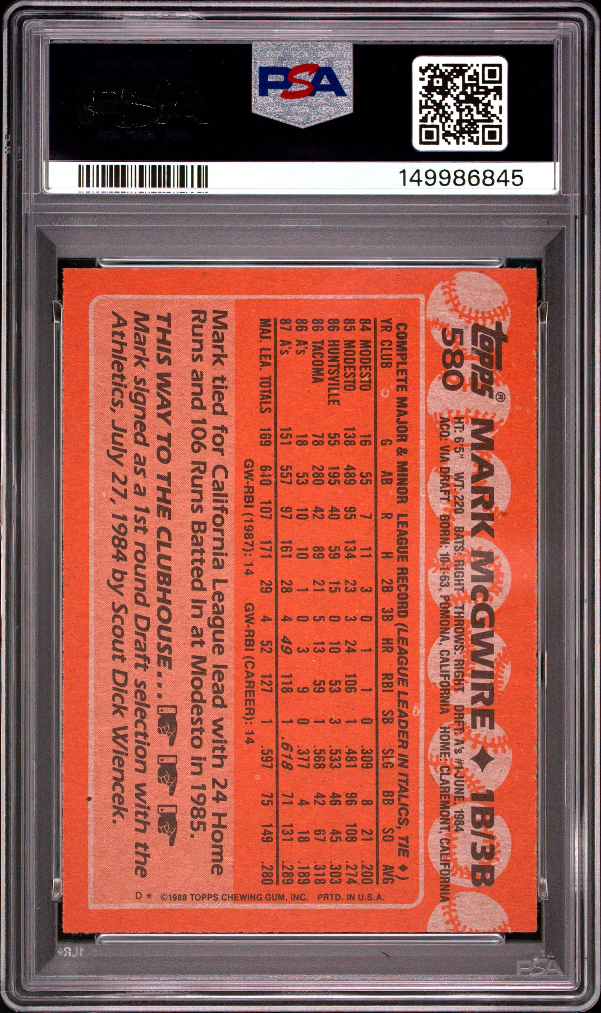 1988 Topps #580 Mark McGwire PSA 9