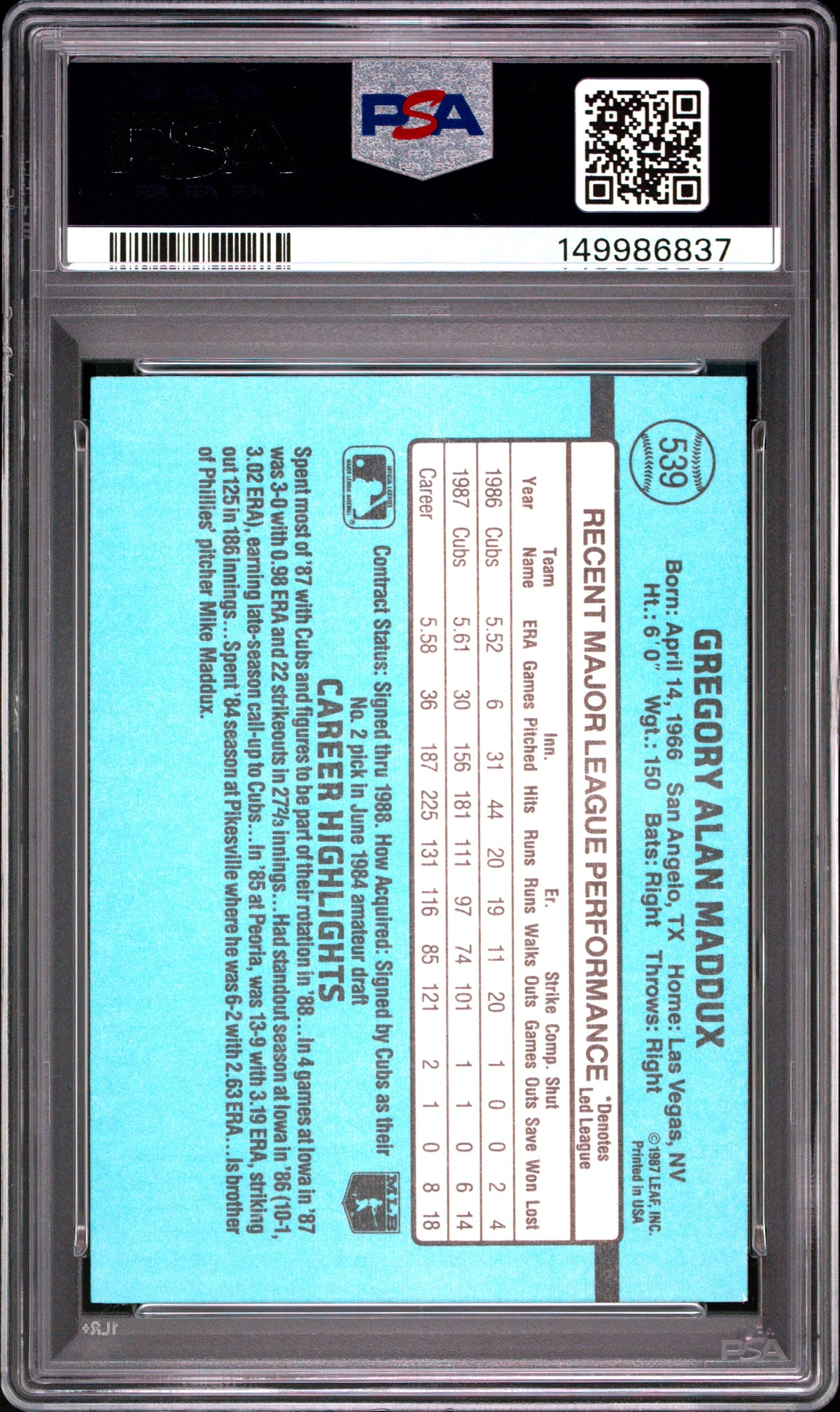 1988 Donruss #539 Greg Maddux PSA 9