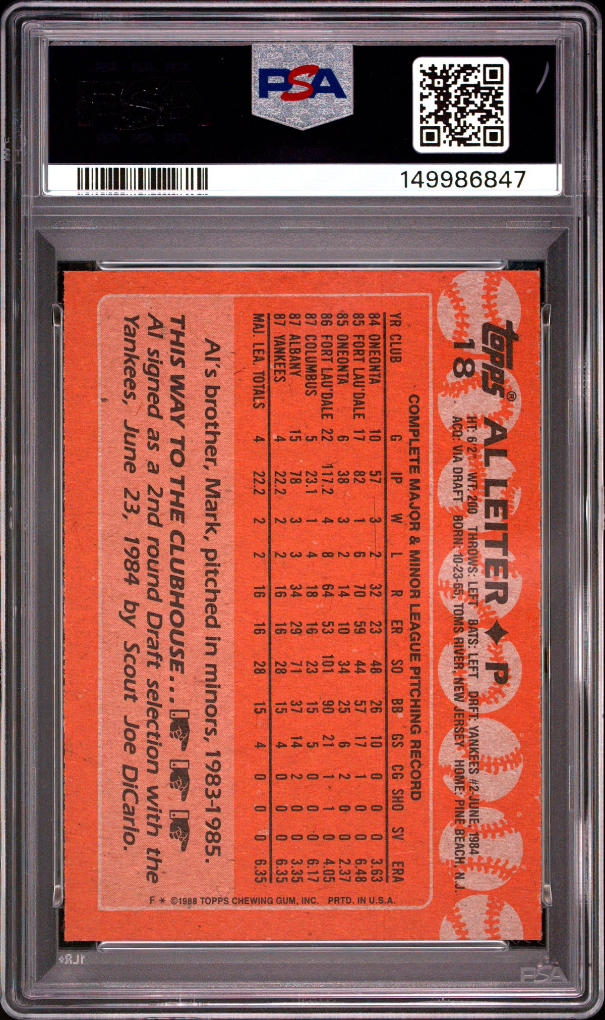 1988 Topps #18b Al Leiter PSA 8 Error Card