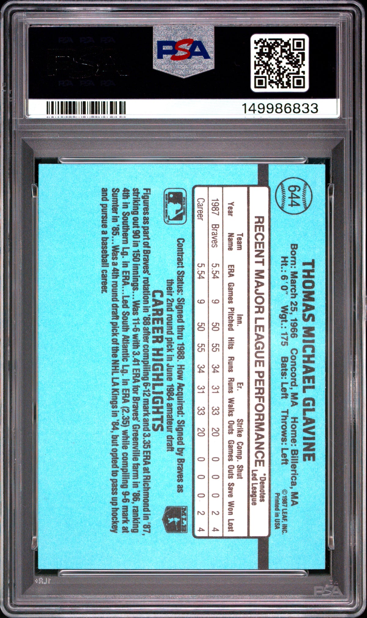 1988 Donruss #644 Tom Glavine PSA 8 (RC)