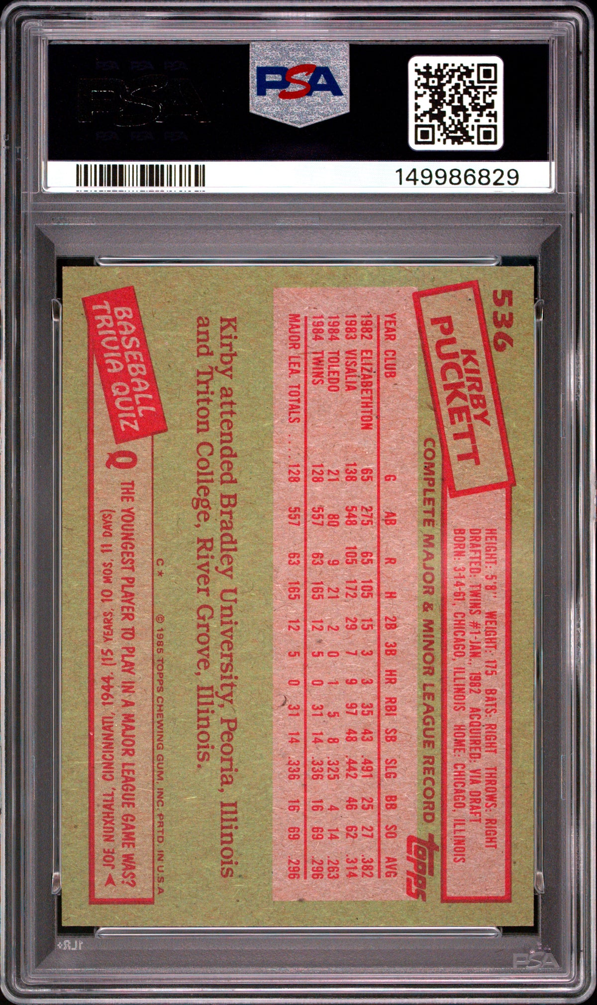 1985 Topps #536 Kirby Puckett PSA 8 RC