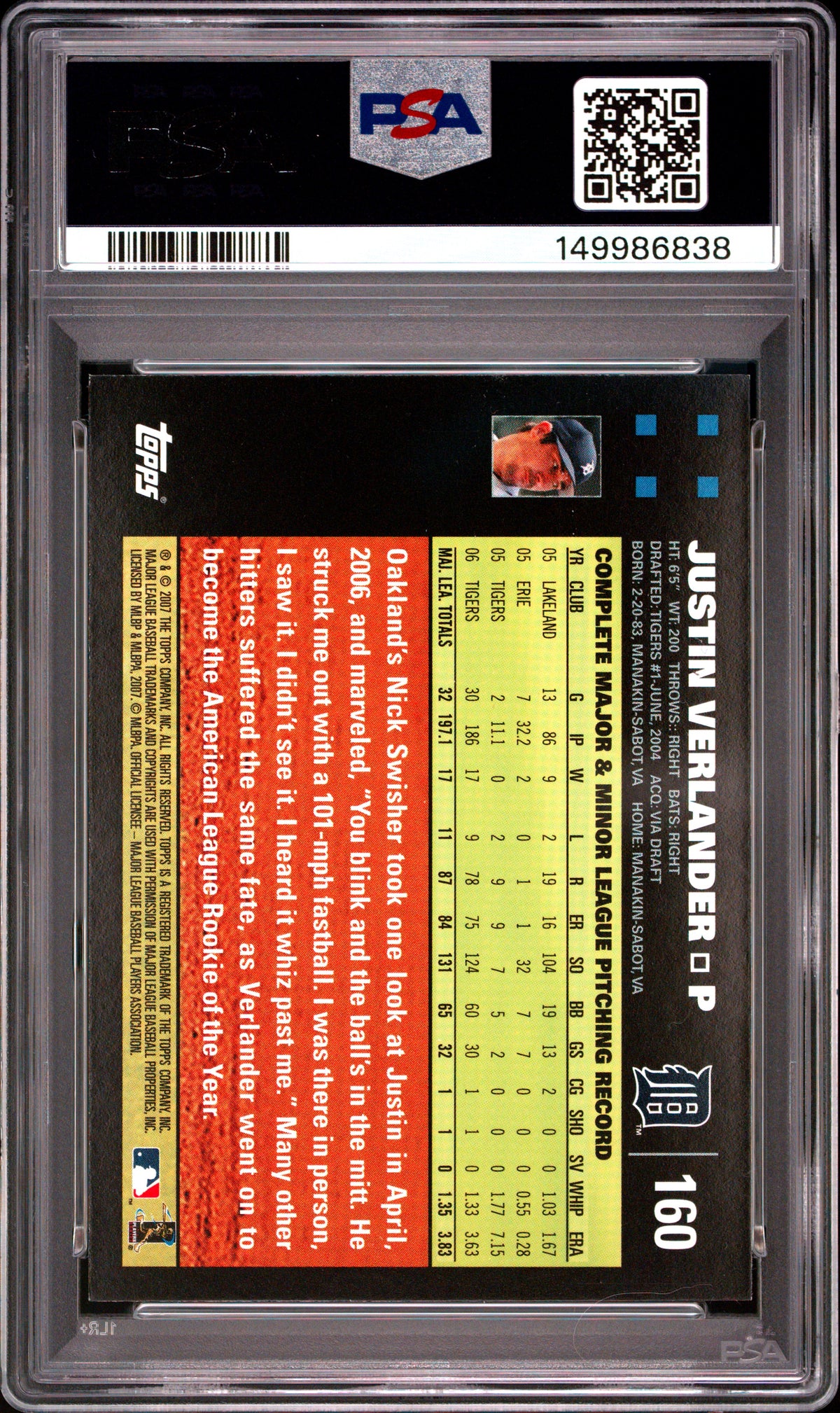 2007 Topps #160 Justin Verlander PSA 8