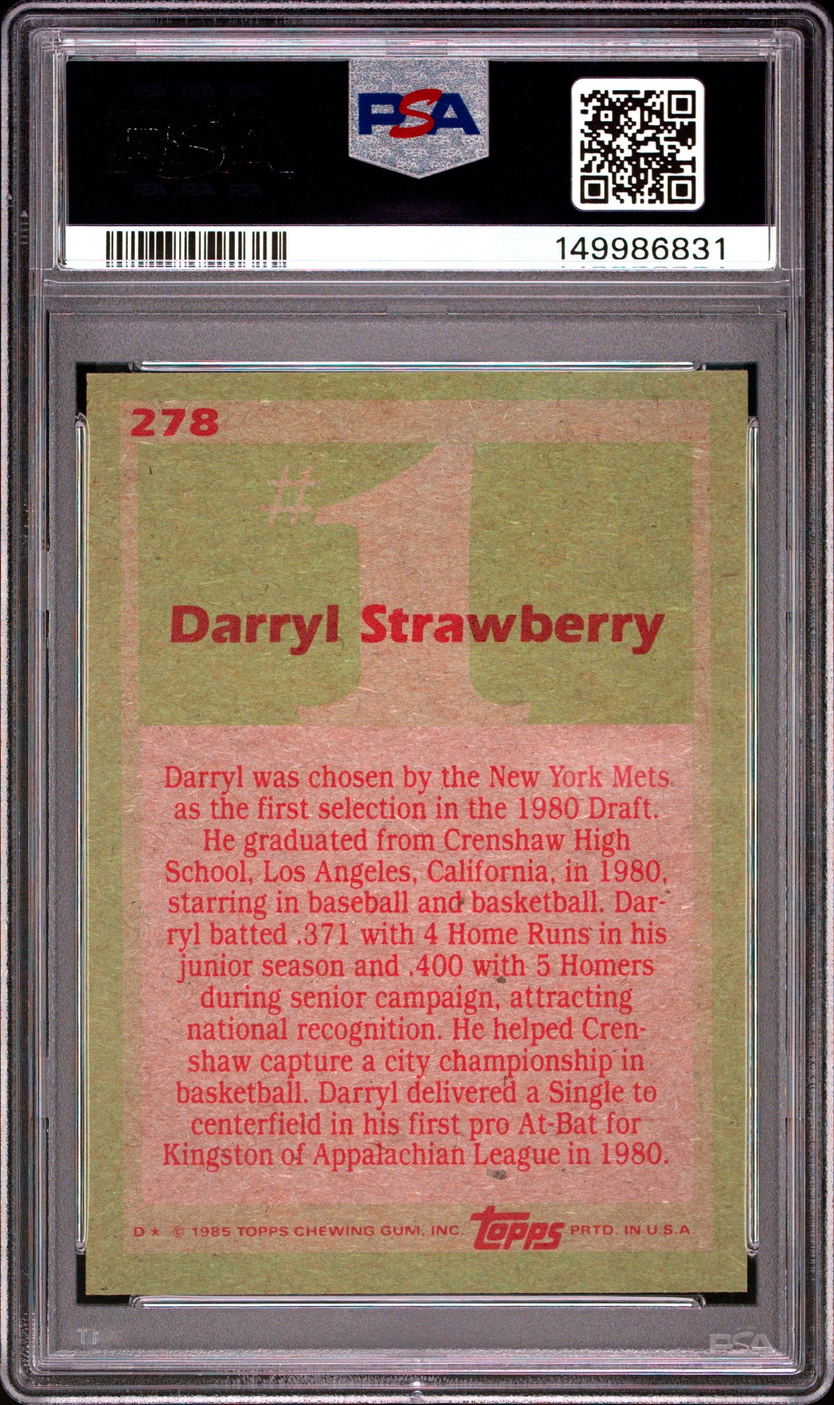 1985 Topps #278 Darryl Strawberry PSA 8