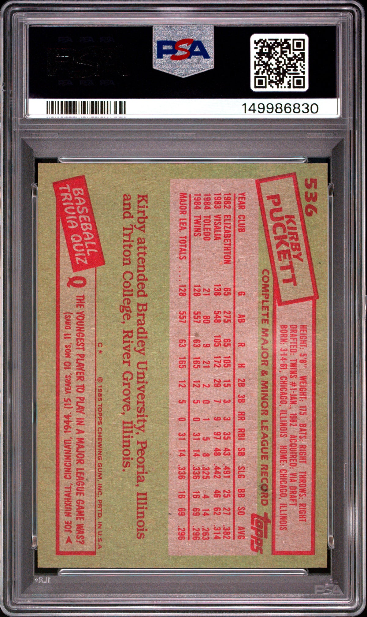 1985 Topps #536 Kirby Puckett PSA 8 (RC).