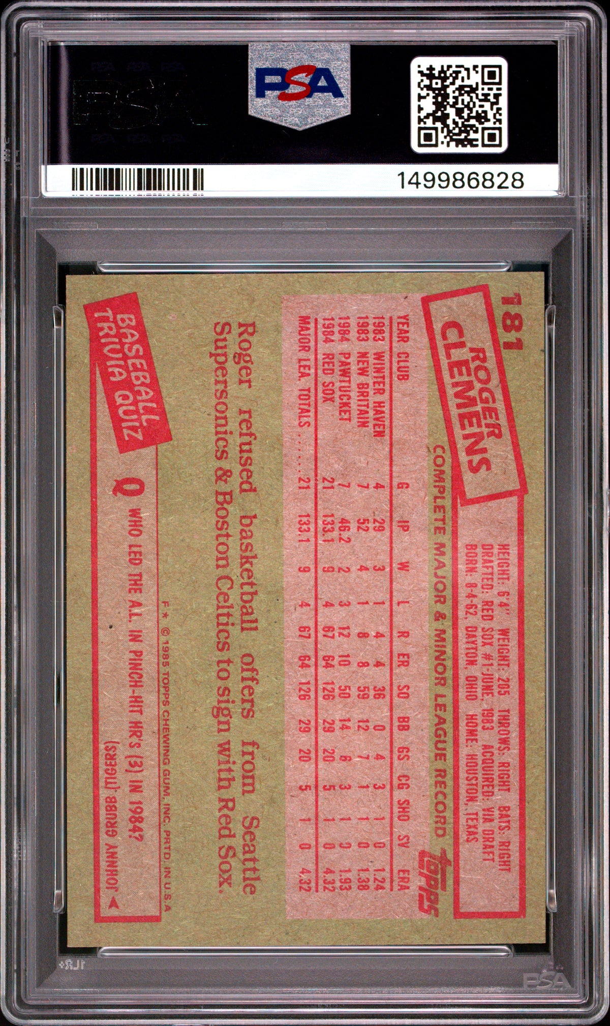 1985 Topps #181 Roger Clemens PSA 8 (RC).