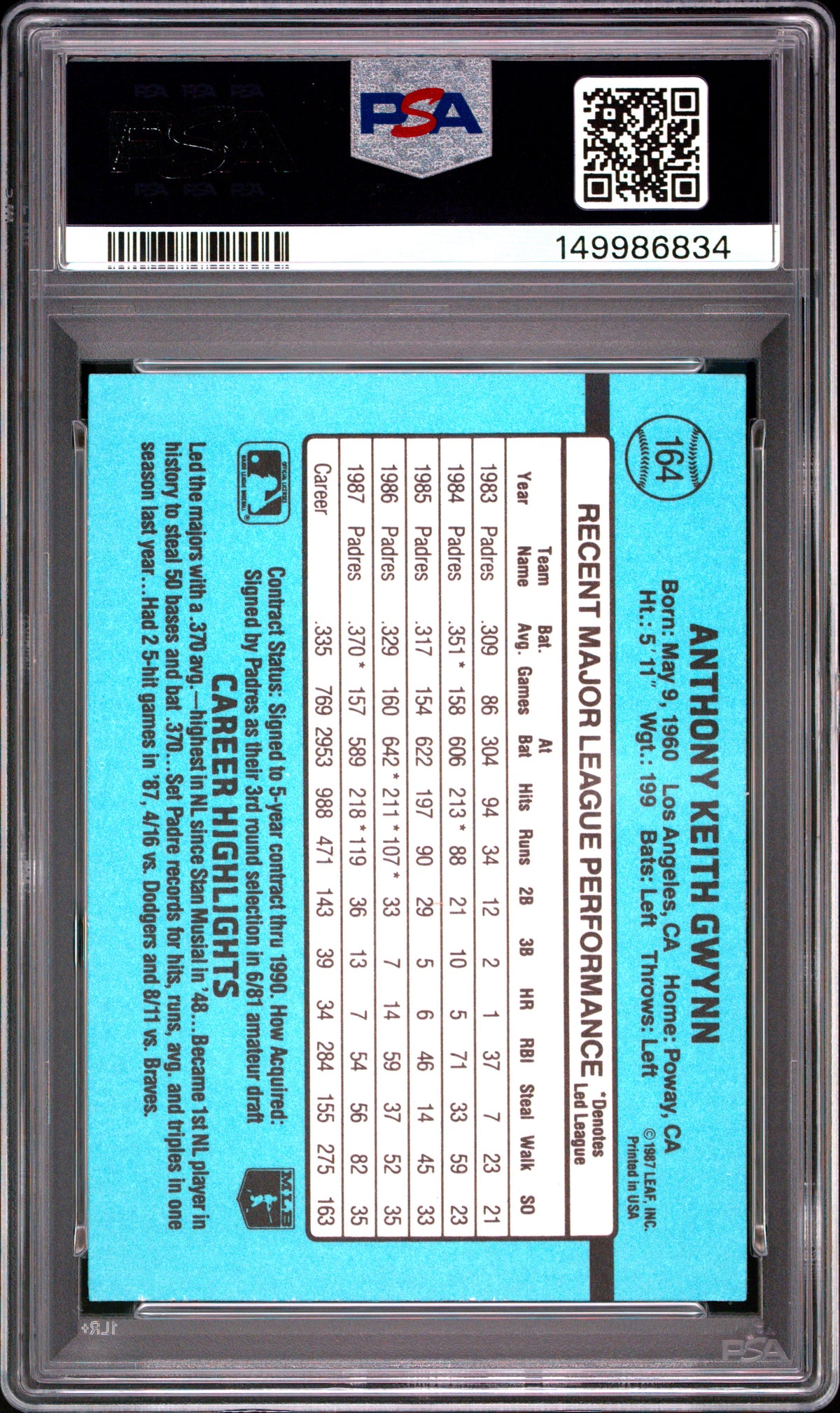 1988 Donruss #164 Tony Gwynn PSA 8