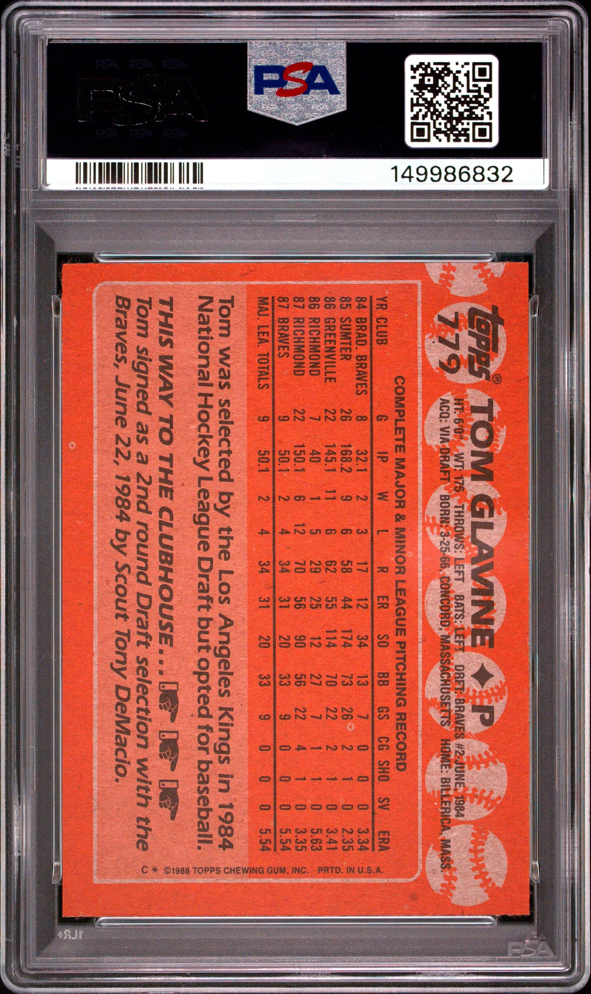 1988 Topps #779 Tom Glavine PSA 8 (RC).