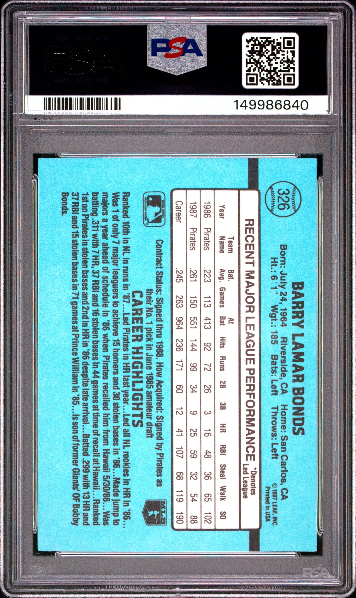 1988 Donruss #326 Barry Bonds PSA 8