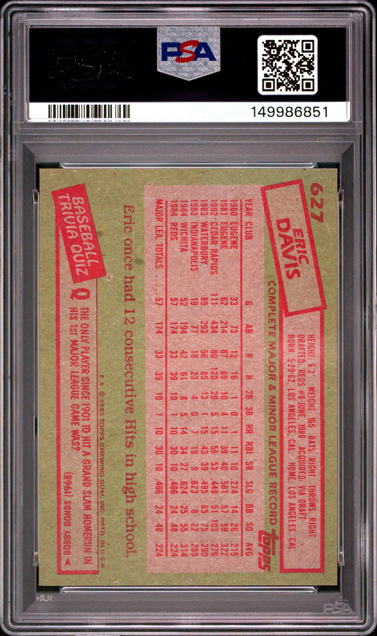 1985 Topps #627 Eric Davis PSA 8