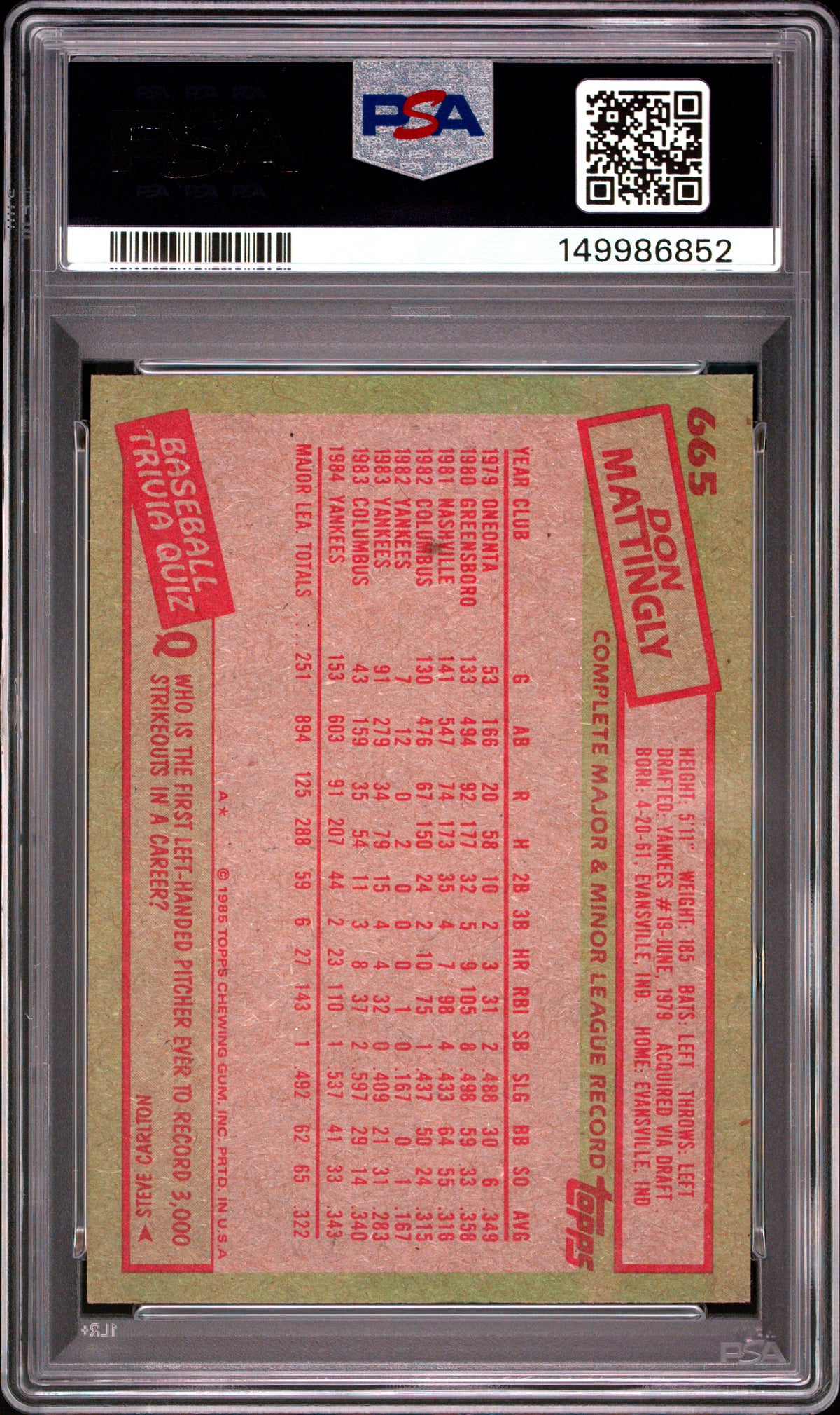 1985 Topps #665 Don Mattingly PSA 7