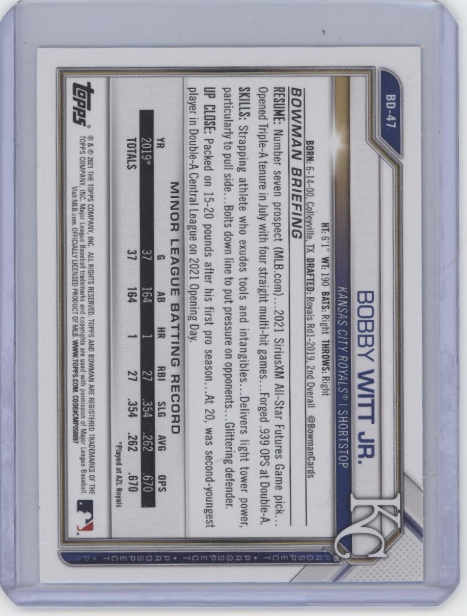 2021 Bowman Draft 1st Edition #BD-47 Bobby Witt Jr. Blue Foil #/150