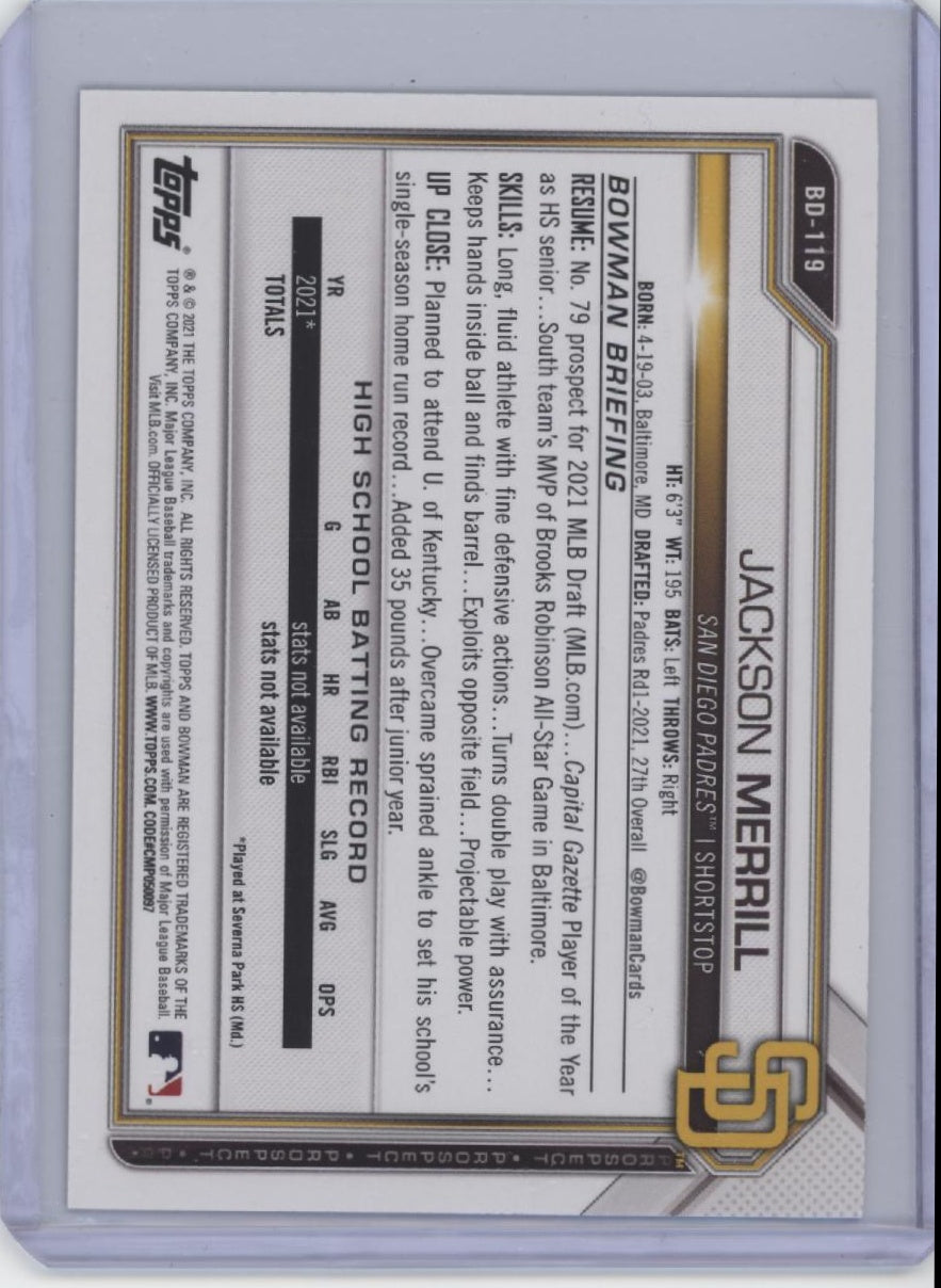 2021 Bowman Draft #BD-119 Jackson Merrill Blue #/150
