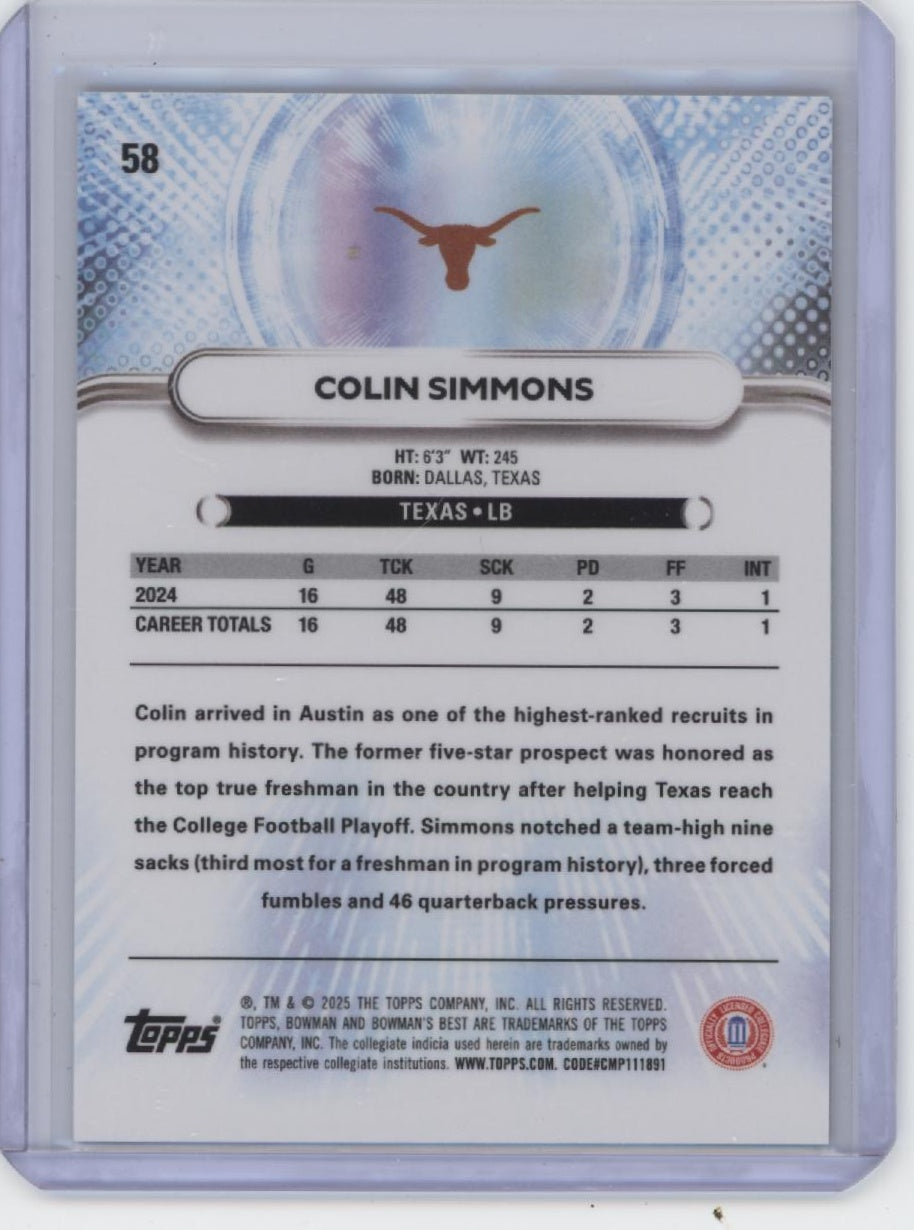 2025 Bowman University Best #58 Colin Simmons Green Mini-Diamond #/99