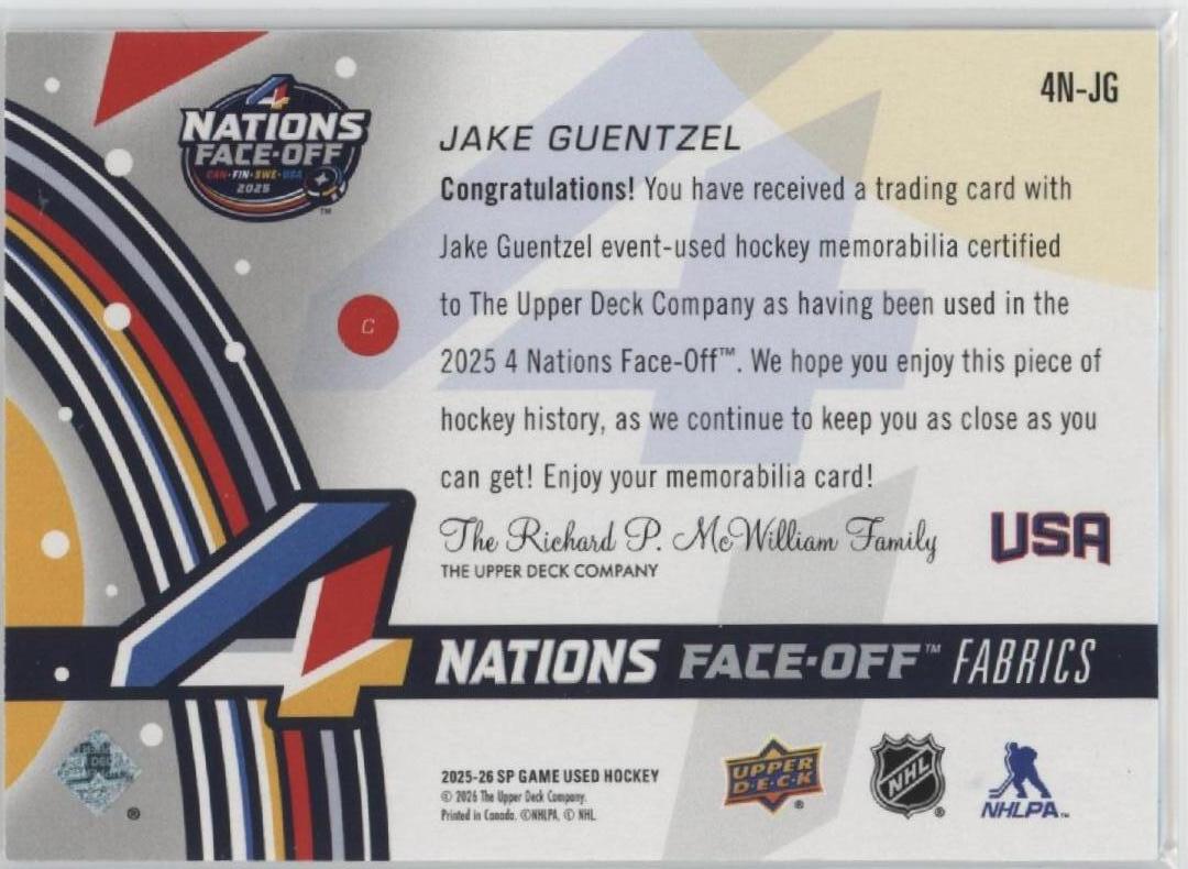 2025-26 SP Game Used #4N-JG Jake Guentzel 4 Nations Face-Off Fabrics