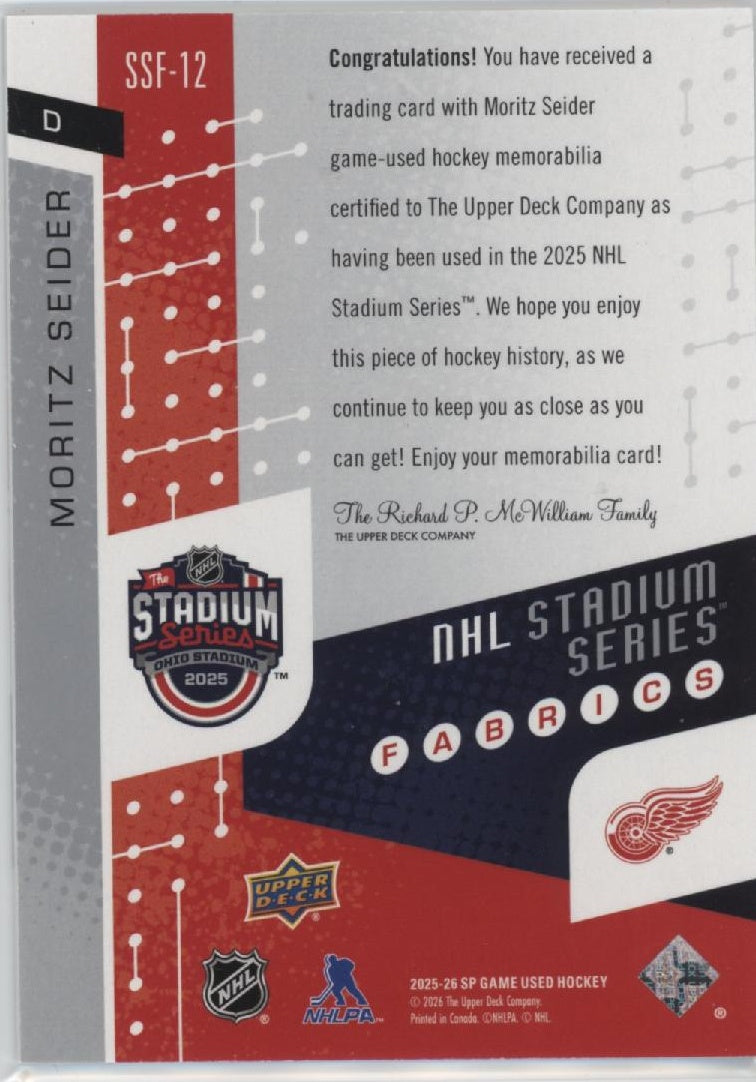 2025-26 SP Game Used #SSF-12 Moritz Seider 2025 Stadium Series Fabrics