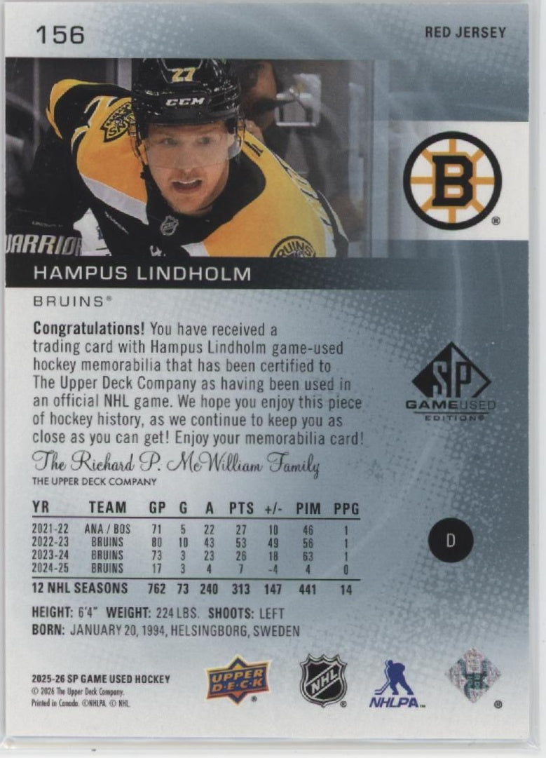 2025-26 SP Game Used #156 Hampus Lindholm Red Jersey
