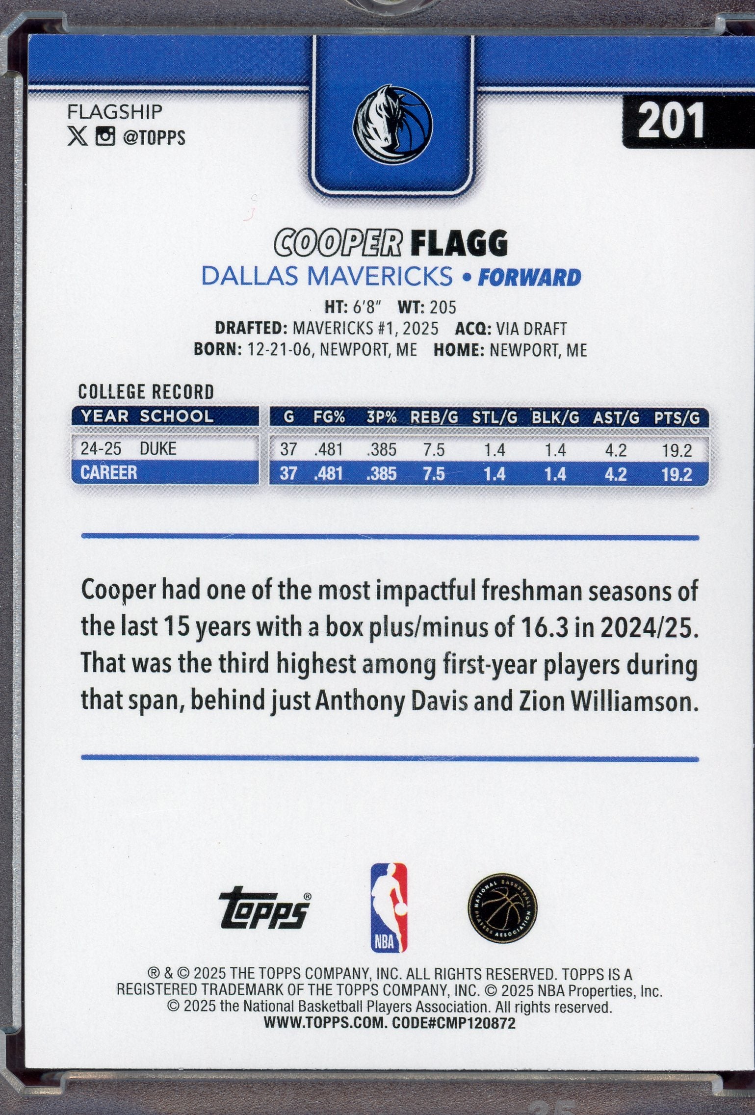 Cooper Flagg #201 - Basketball Cards Topps