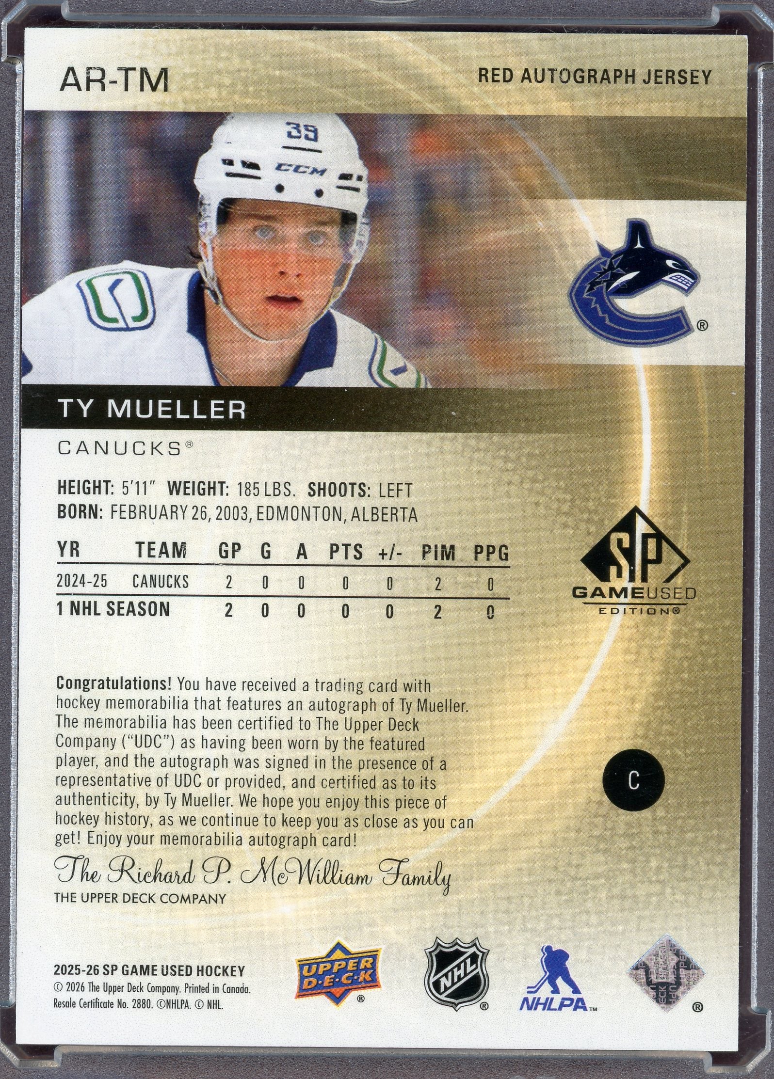 Ty Mueller [Red Autograph Jersey] #AR-TM - Hockey Cards SP Game Used Authentic Rookies