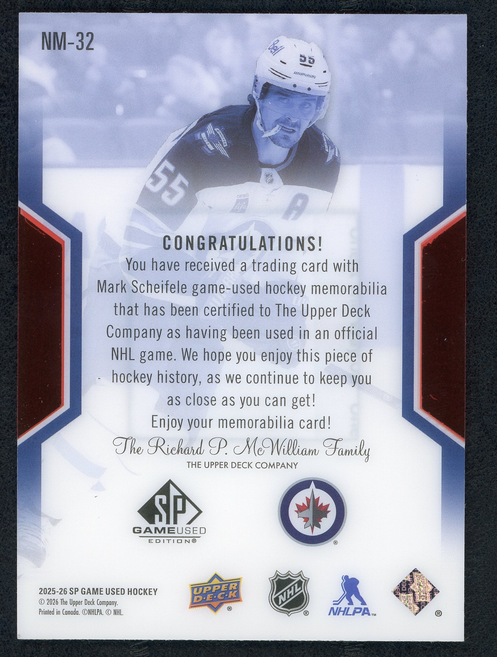 Mark Scheifele [Jersey] #NM-32 - Hockey Cards SP Game Used NHL Masters