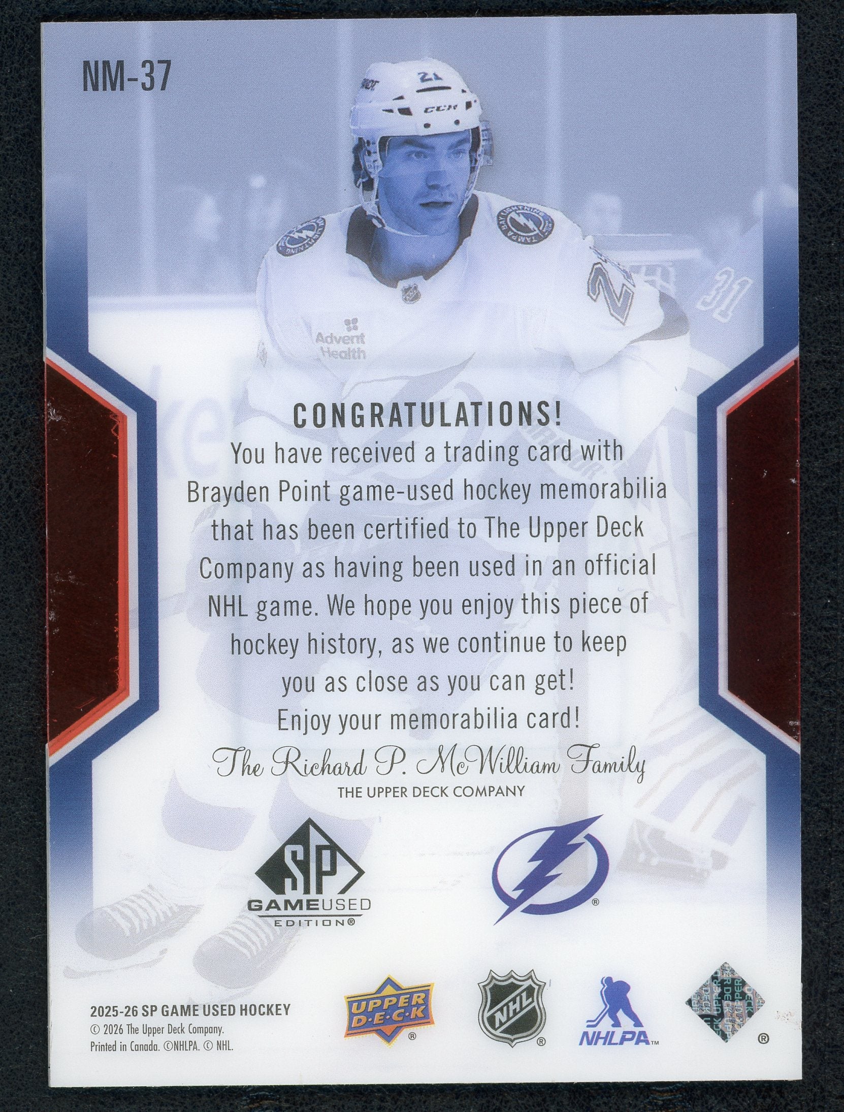 Brayden Point [Jersey] #NM-37 - Hockey Cards SP Game Used NHL Masters