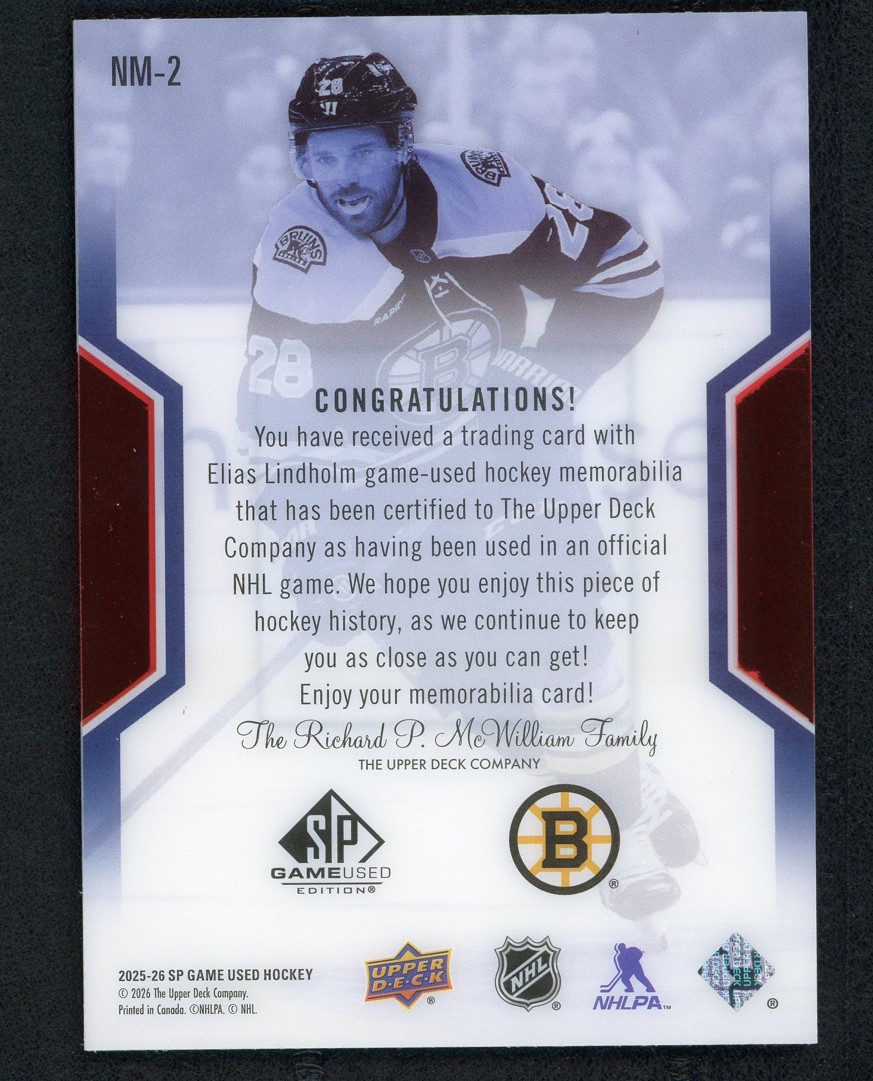 Elias Lindholm #NM-2 - Hockey Cards SP Game Used NHL Masters