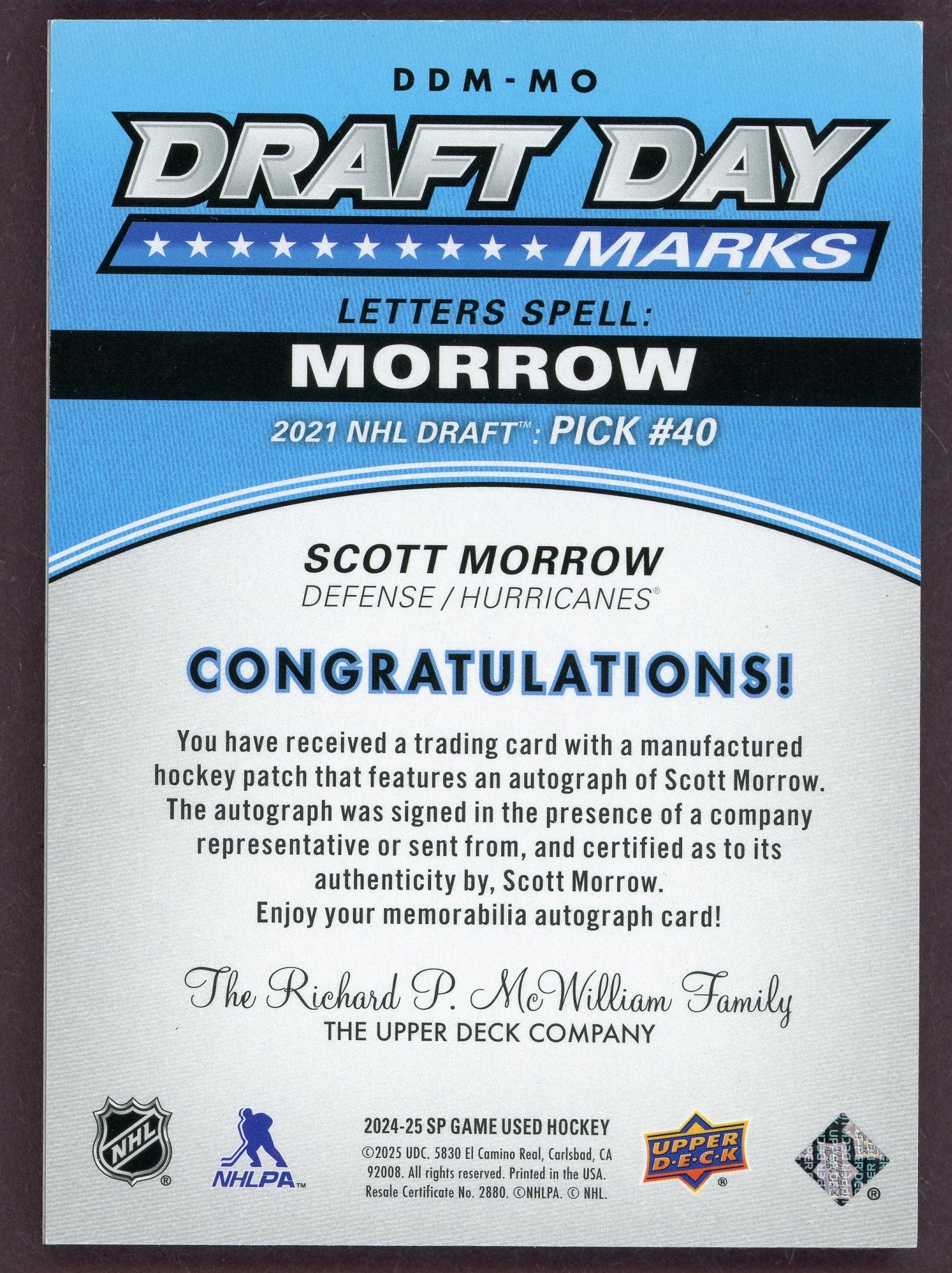 Scott Morrow #DDM-MO - Hockey Cards SP Game Used Draft Day Marks