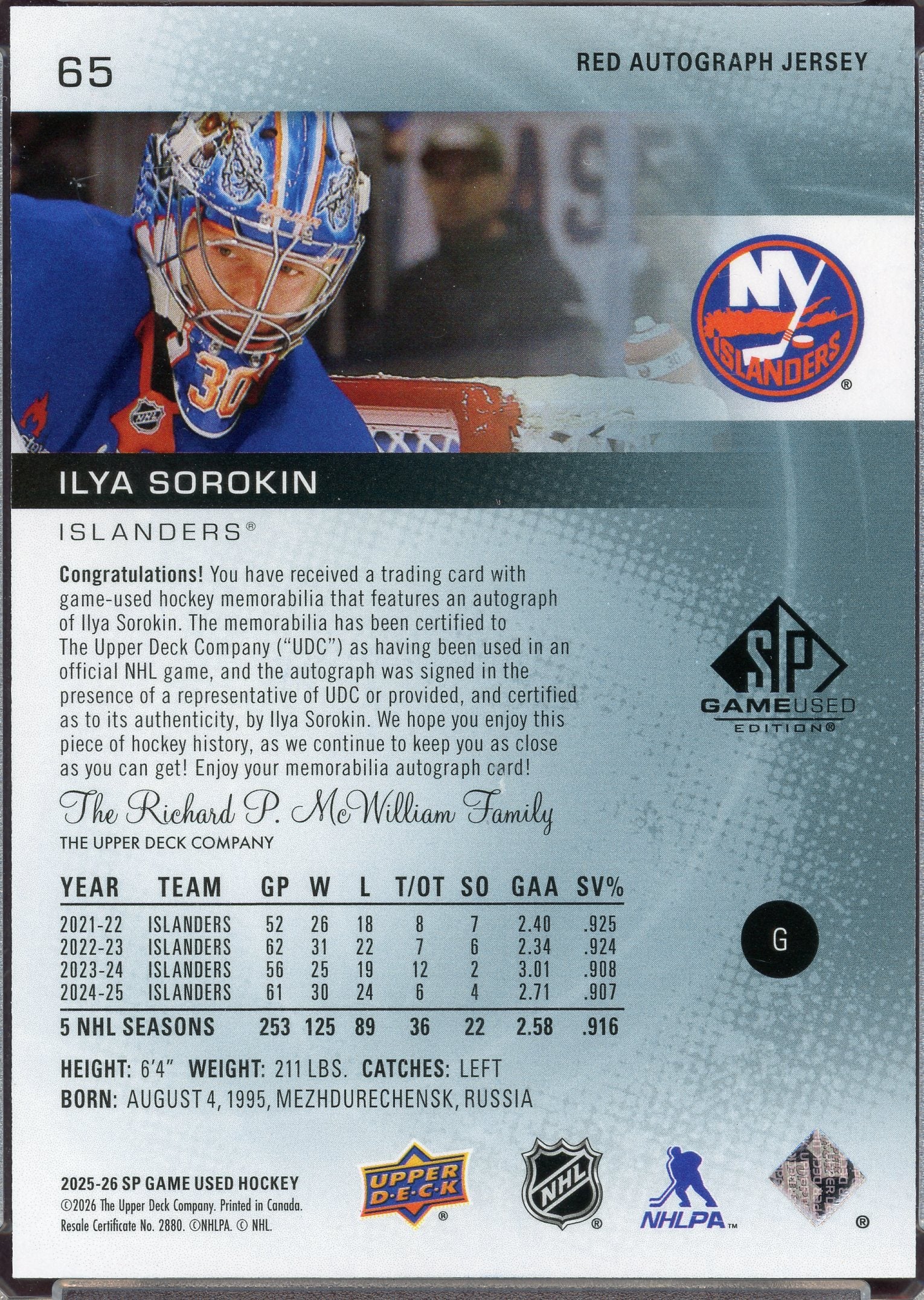 Ilya Sorokin [Red Jersey] #65 - Hockey Cards SP Game Used