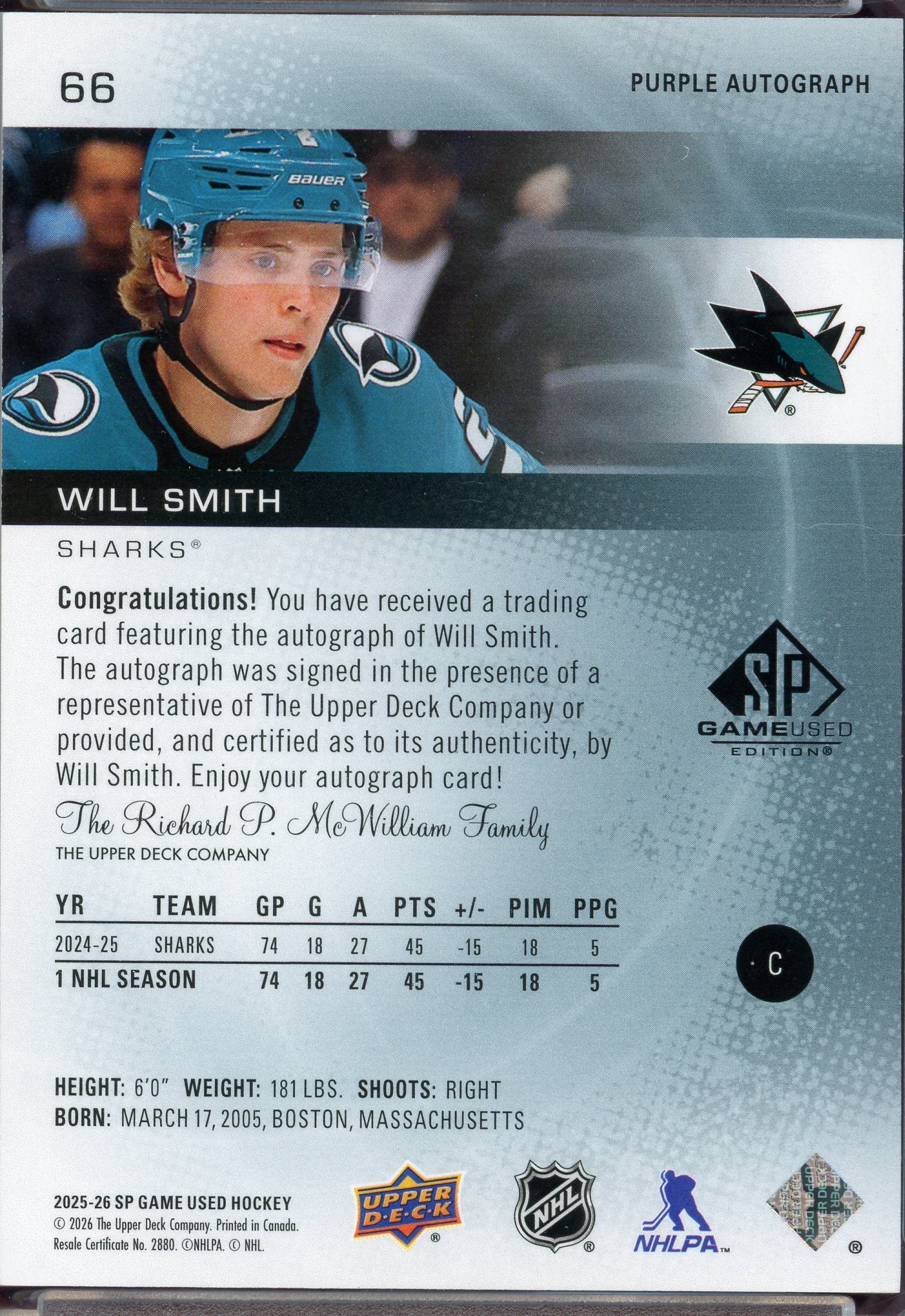 Will Smith [Purple Autograph] #66 - Hockey Cards SP Game Used