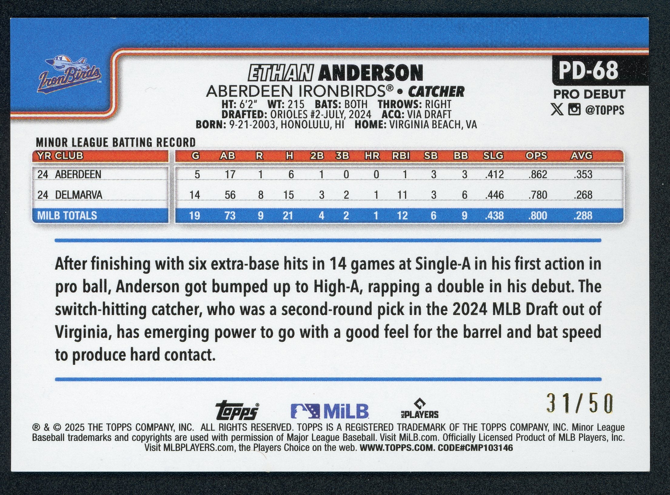 Ethan Anderson [Gold Refractor] #PD-68 - Baseball 2025 Topps Pro Debut