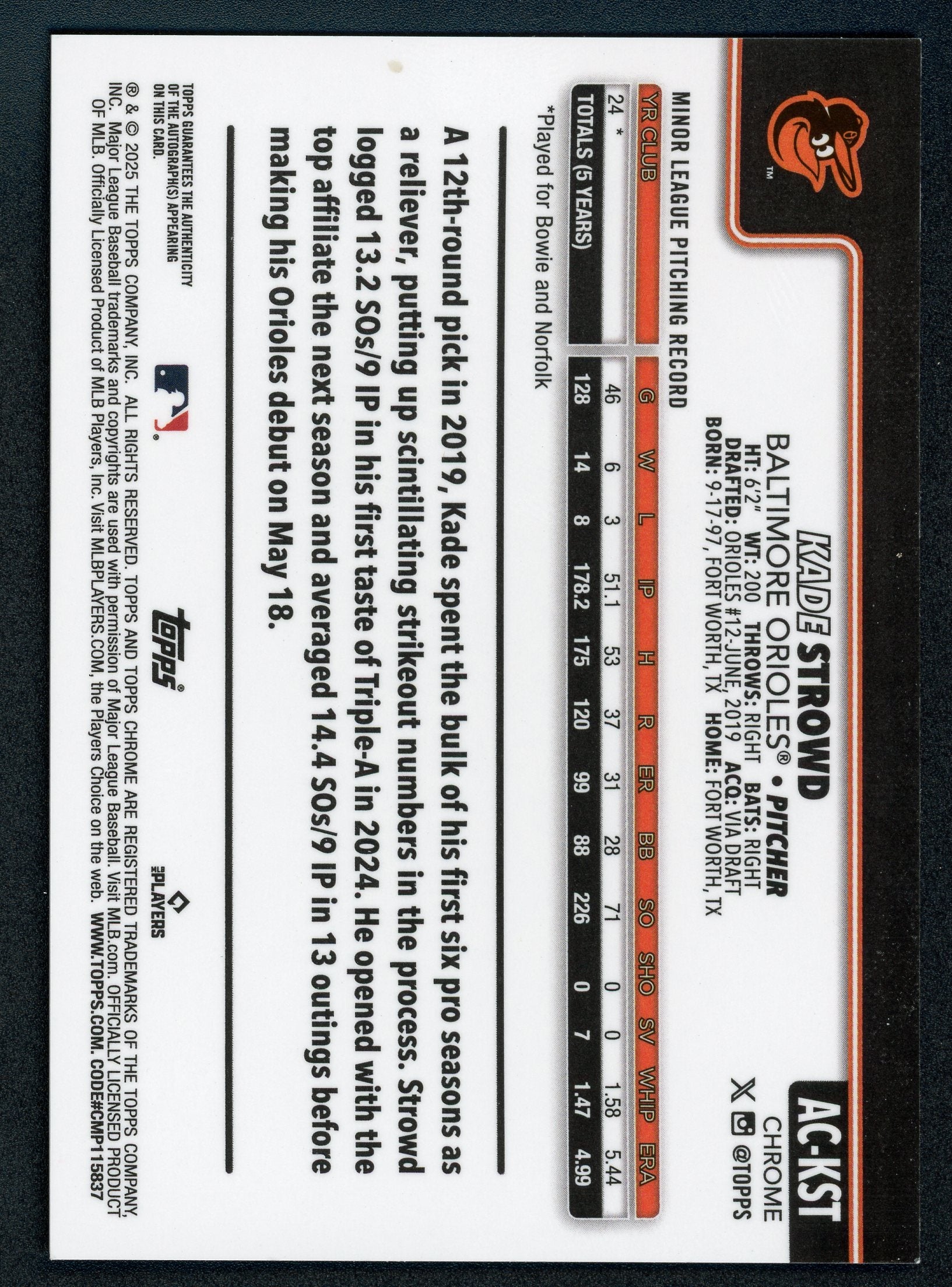 Kade Strowd [Purple Refractor] #AC-KST - Baseball Cards Topps Chrome Update Autograph